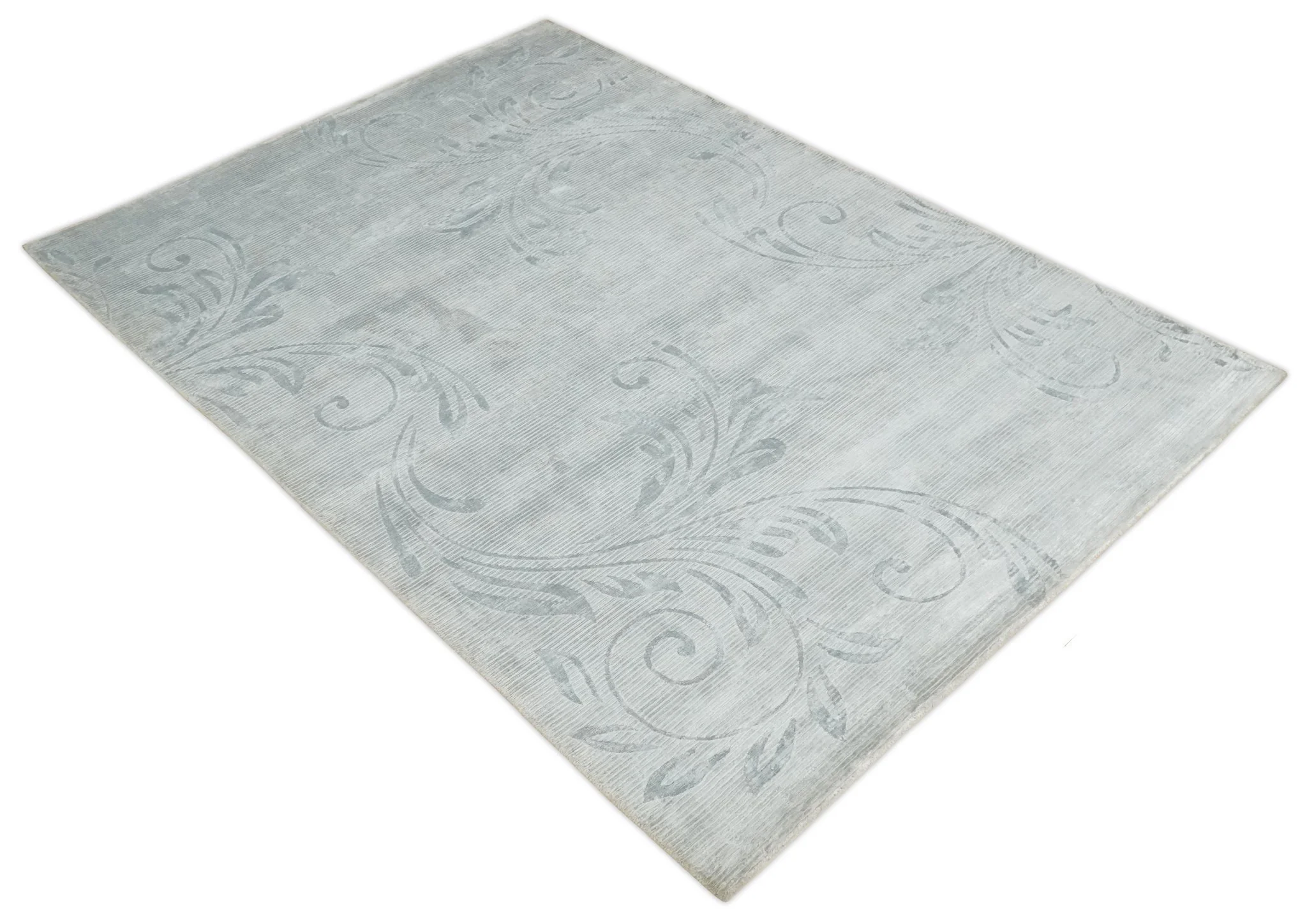 5x8 Hand Woven and hand carved Carved Silver and Gray Floral Art Silk Rug | KNT9 - Image 8