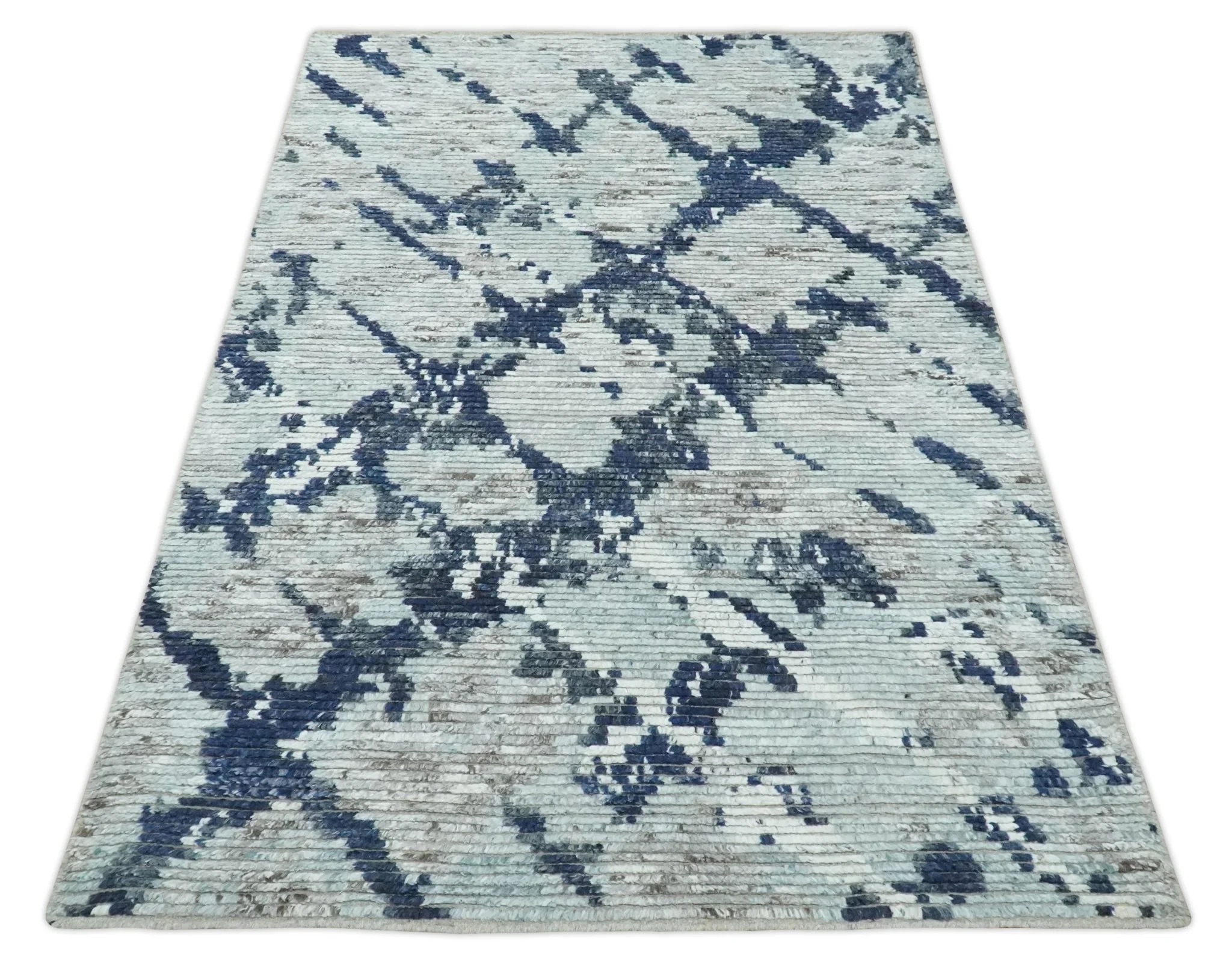 Custom Made Hand Woven Silver, Blue and Charcoal Abstract Trellis Moroccan Rug Made with Blended Wool - Image 10