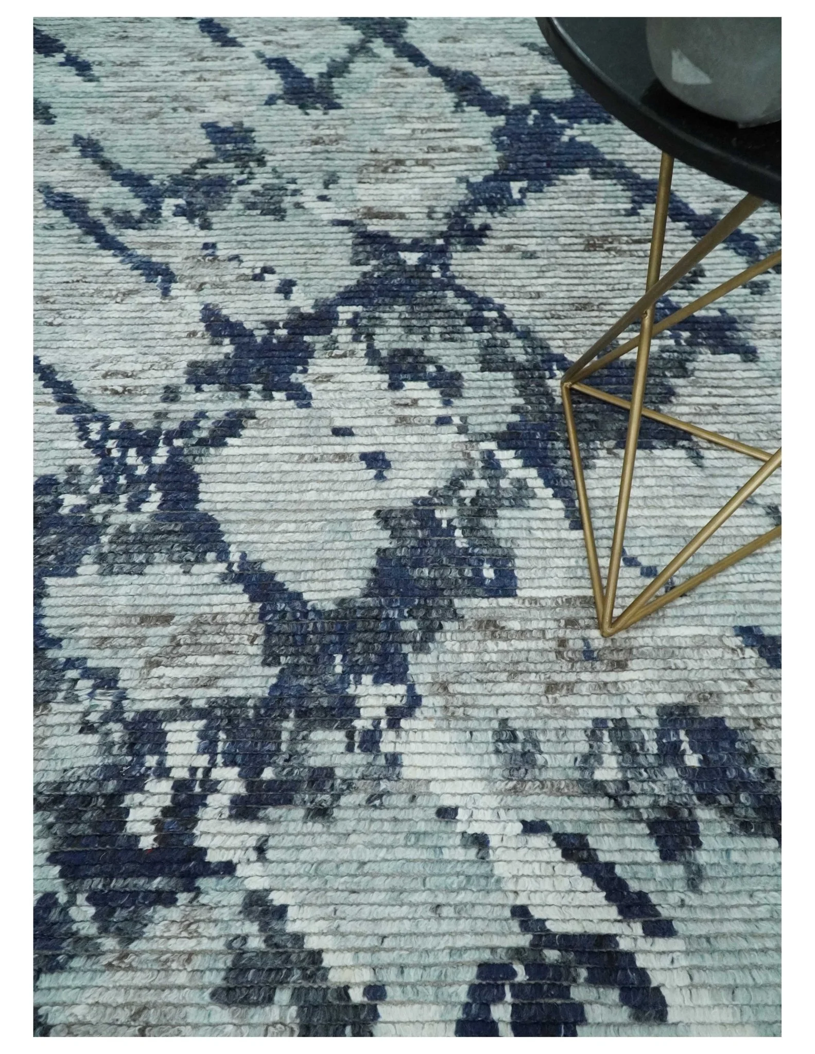 Custom Made Hand Woven Silver, Blue and Charcoal Abstract Trellis Moroccan Rug Made with Blended Wool - Image 2