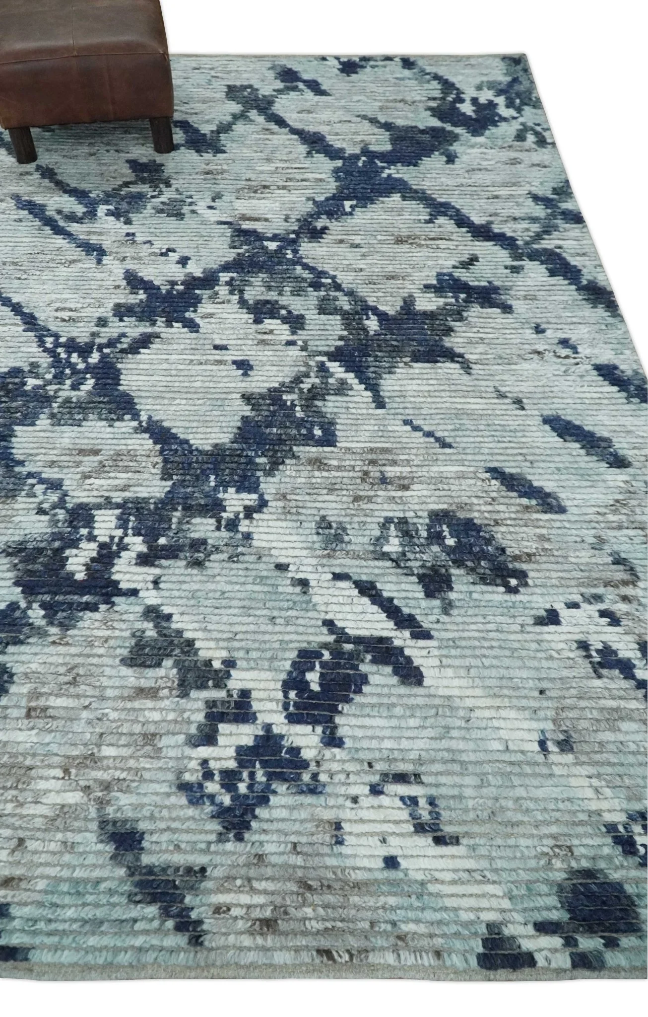 Custom Made Hand Woven Silver, Blue and Charcoal Abstract Trellis Moroccan Rug Made with Blended Wool - Image 3