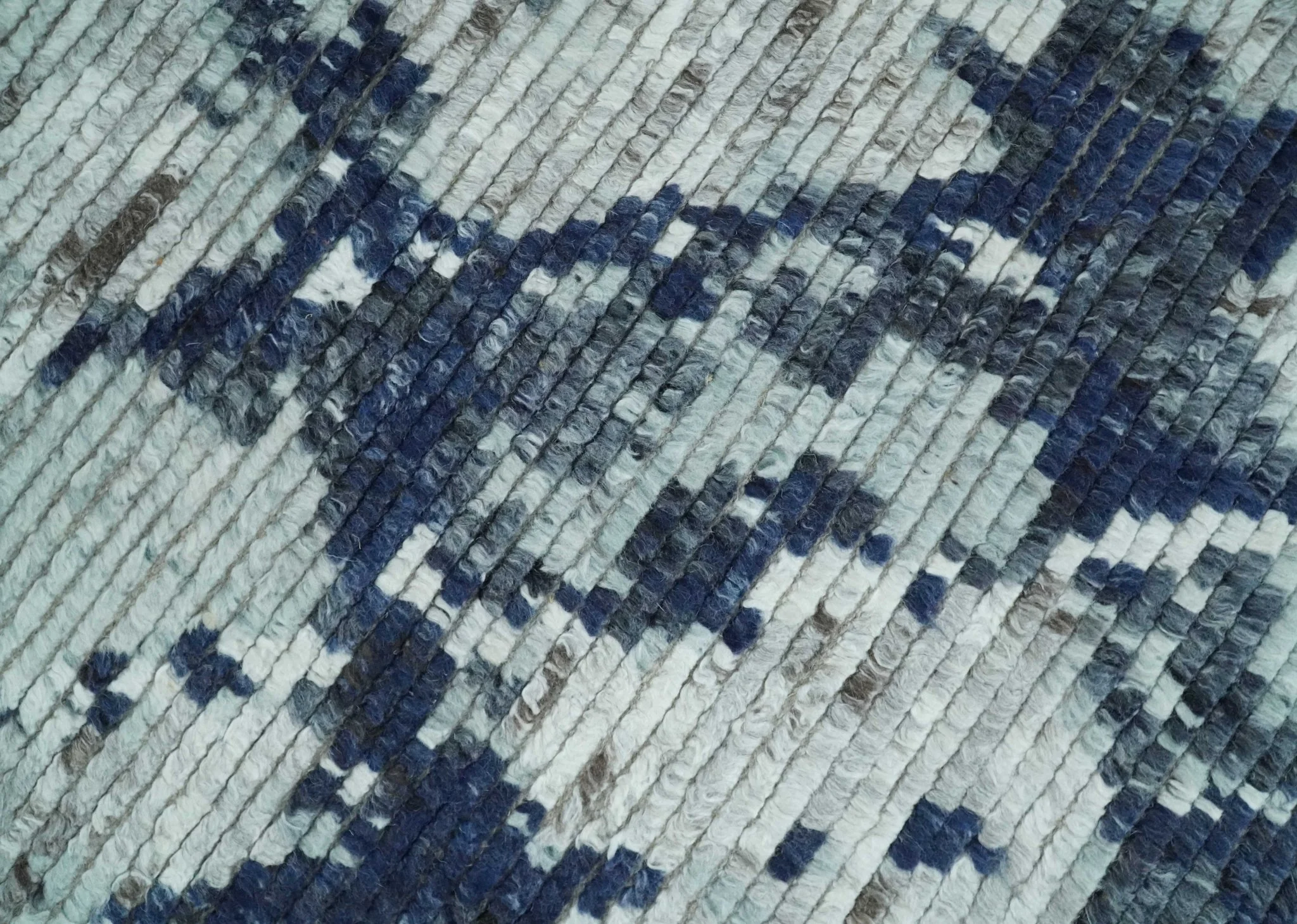 Custom Made Hand Woven Silver, Blue and Charcoal Abstract Trellis Moroccan Rug Made with Blended Wool - Image 4