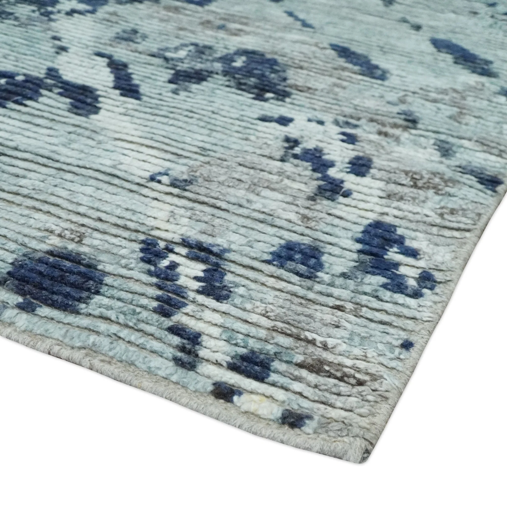 Custom Made Hand Woven Silver, Blue and Charcoal Abstract Trellis Moroccan Rug Made with Blended Wool - Image 5