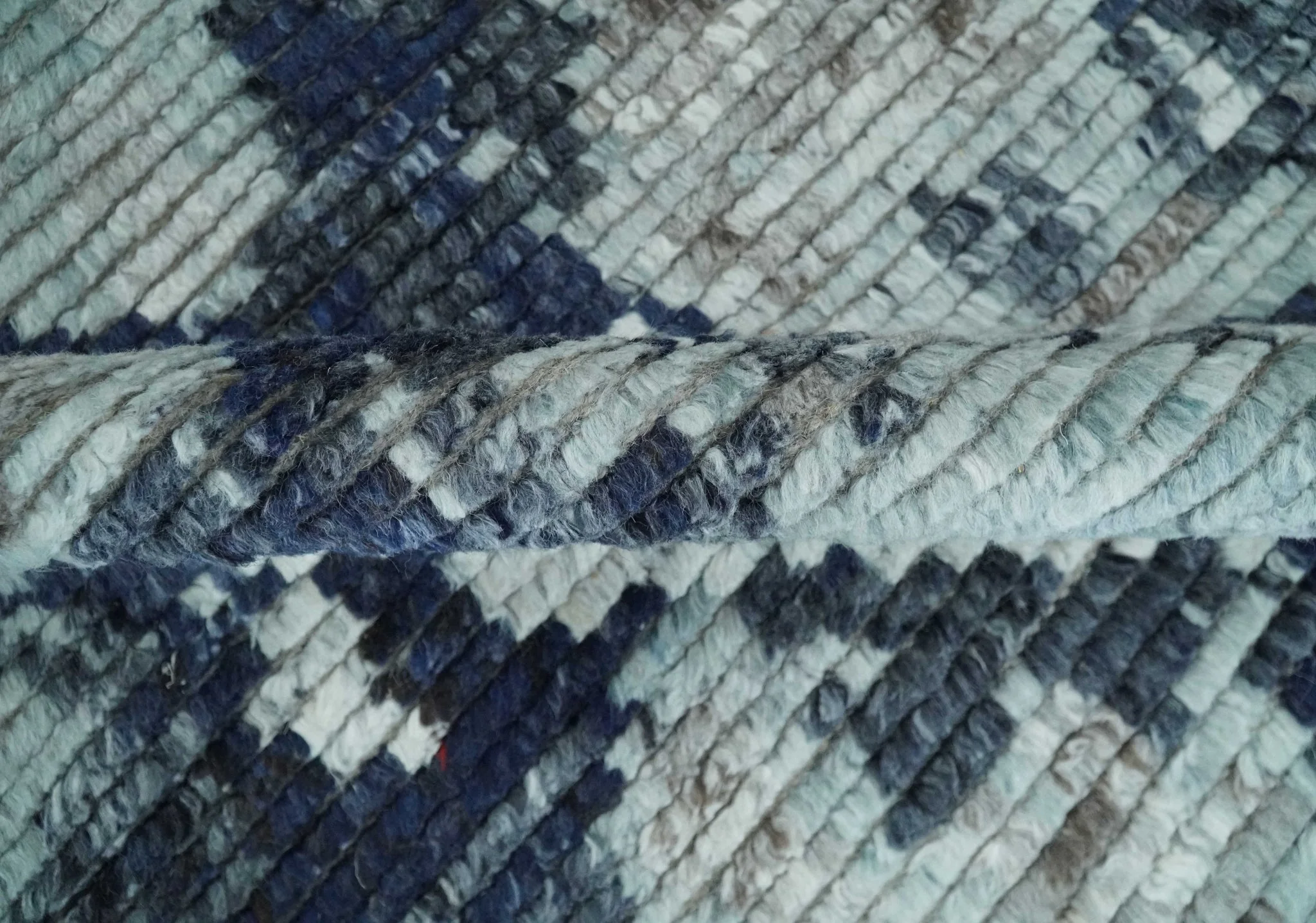 Custom Made Hand Woven Silver, Blue and Charcoal Abstract Trellis Moroccan Rug Made with Blended Wool - Image 6