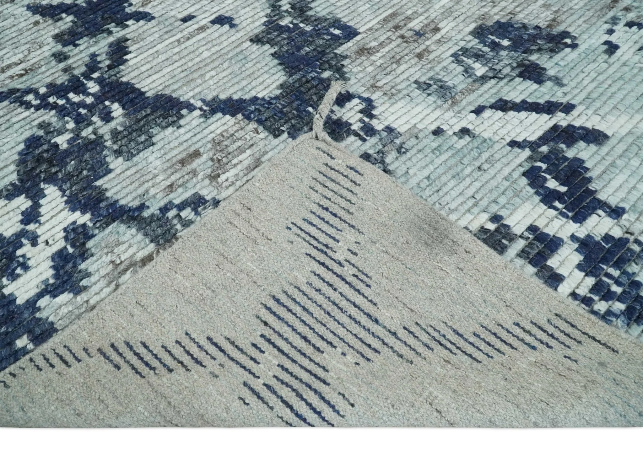 Custom Made Hand Woven Silver, Blue and Charcoal Abstract Trellis Moroccan Rug Made with Blended Wool - Image 7