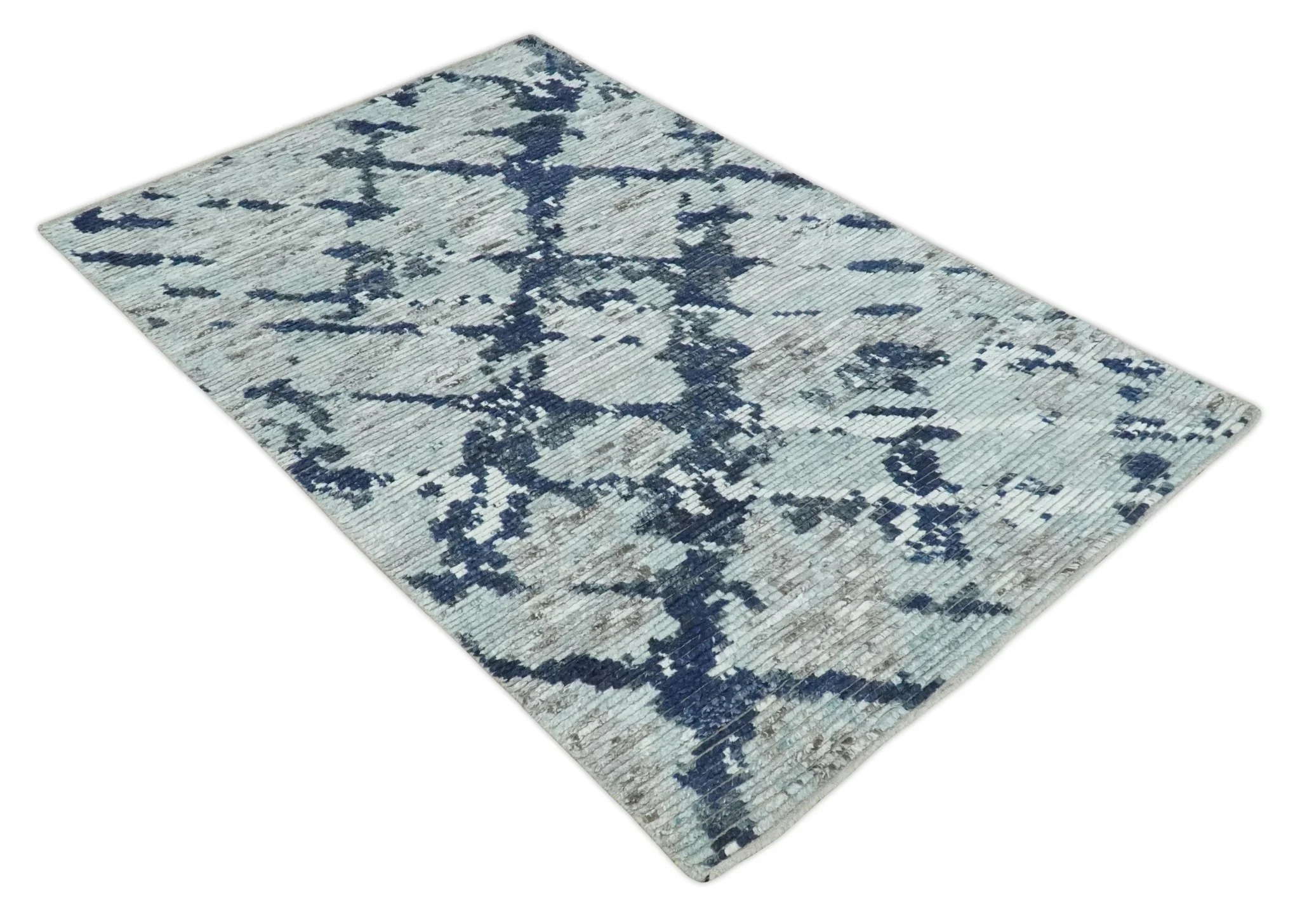 Custom Made Hand Woven Silver, Blue and Charcoal Abstract Trellis Moroccan Rug Made with Blended Wool - Image 9
