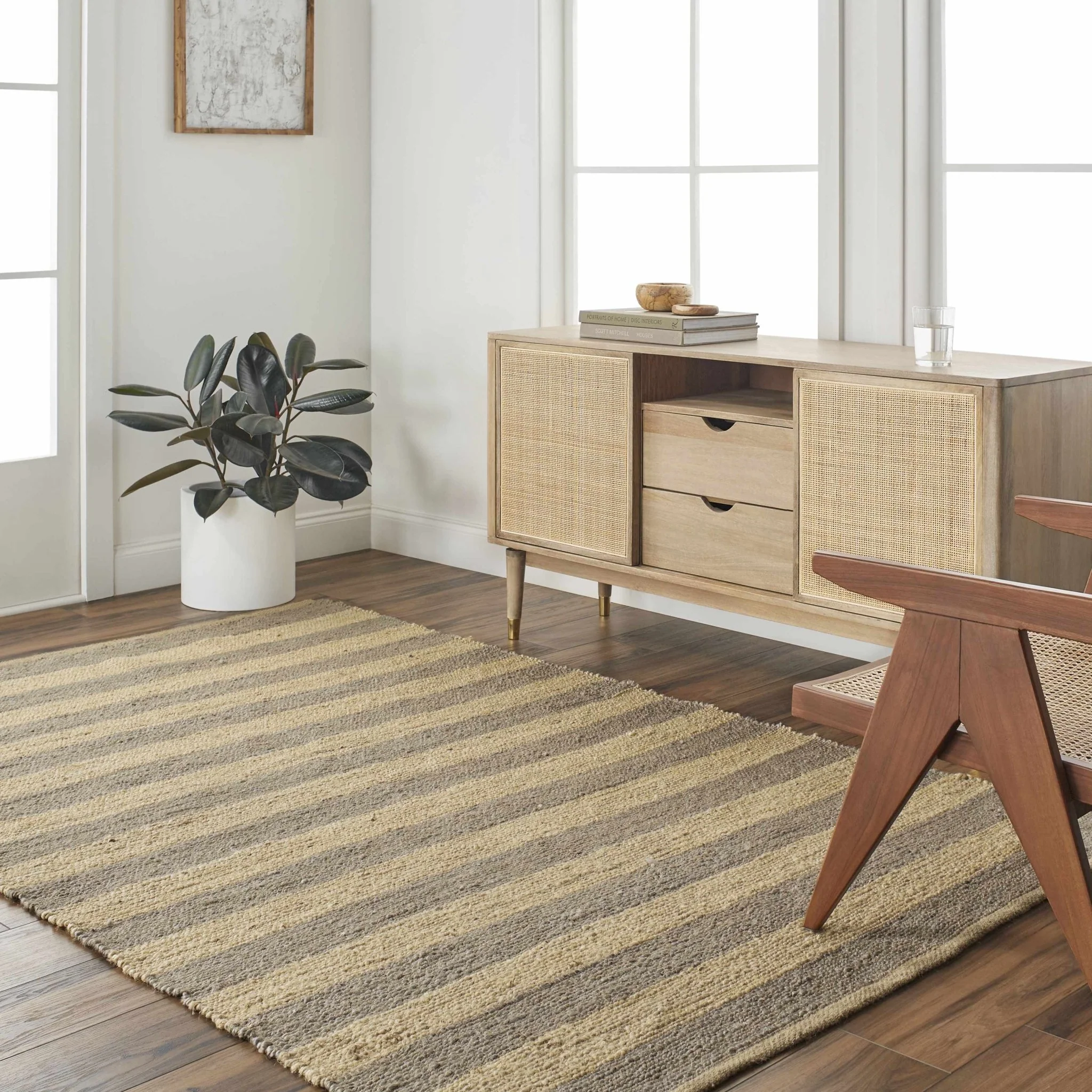 Hand Woven Geometrical stripes Design Gray and natural brown jute rug - Image 5