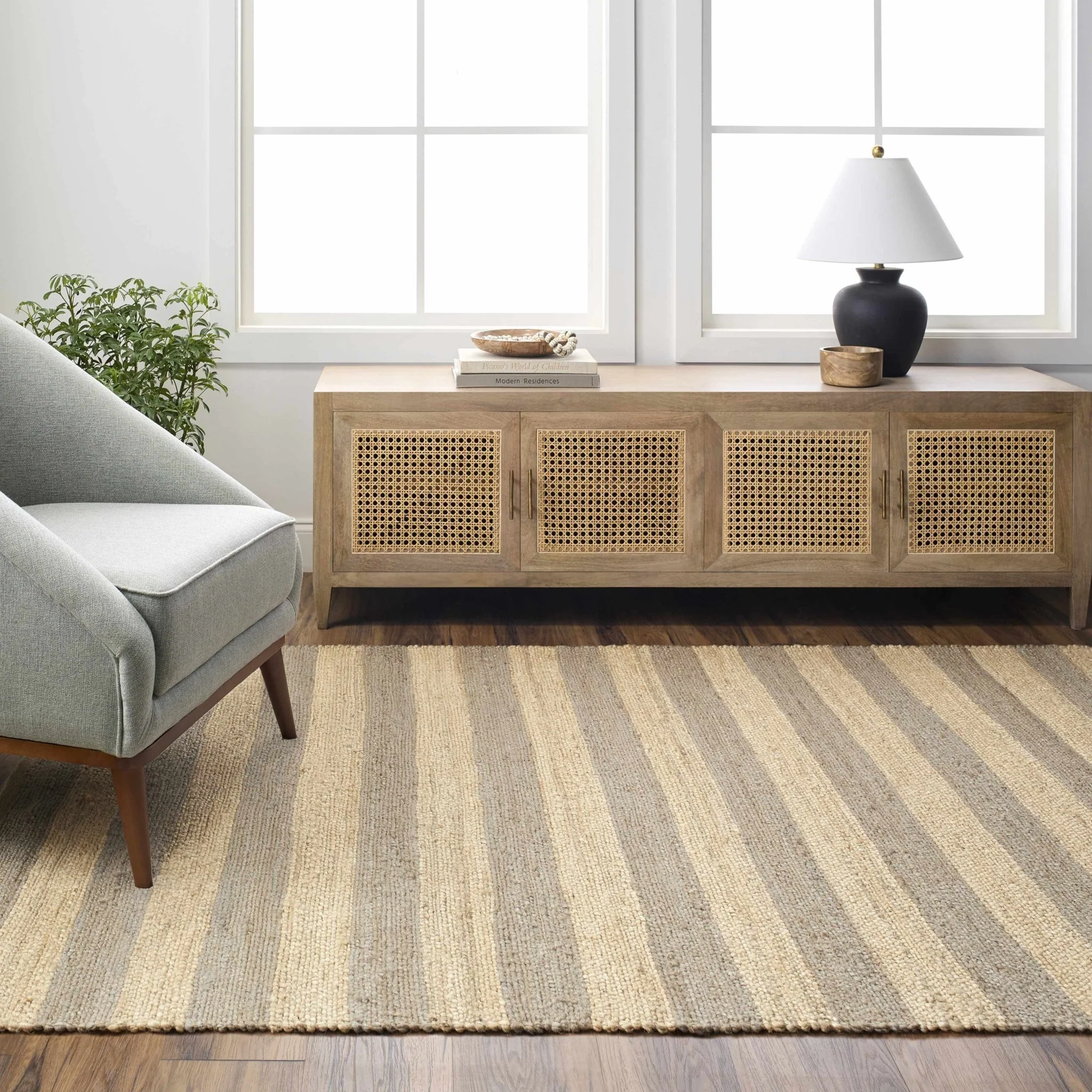 Hand Woven Geometrical stripes Design Gray and natural brown jute rug - Image 8