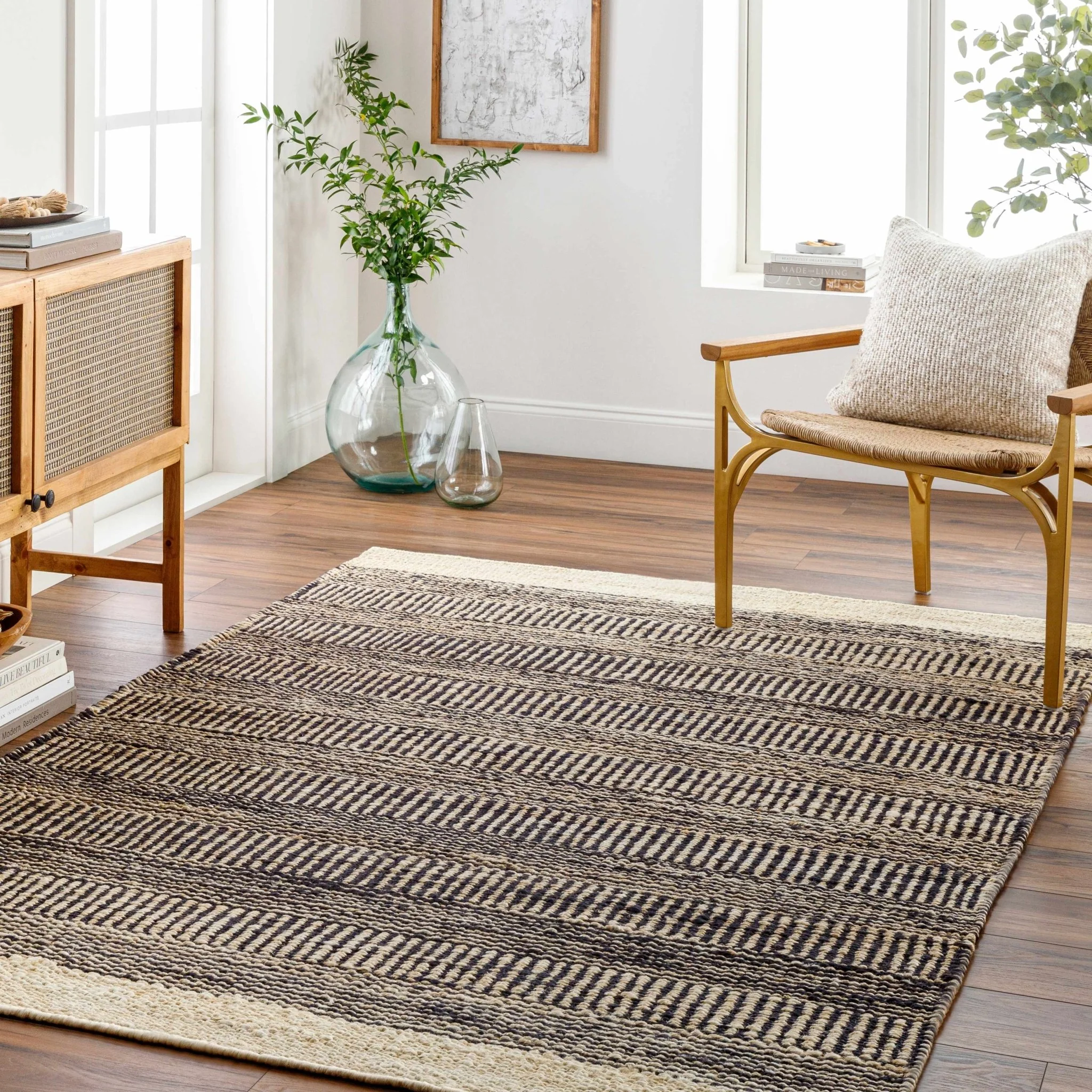 Hand Woven Tan and Charcoal Stripes Design contemporary jute area Rug - Image 2