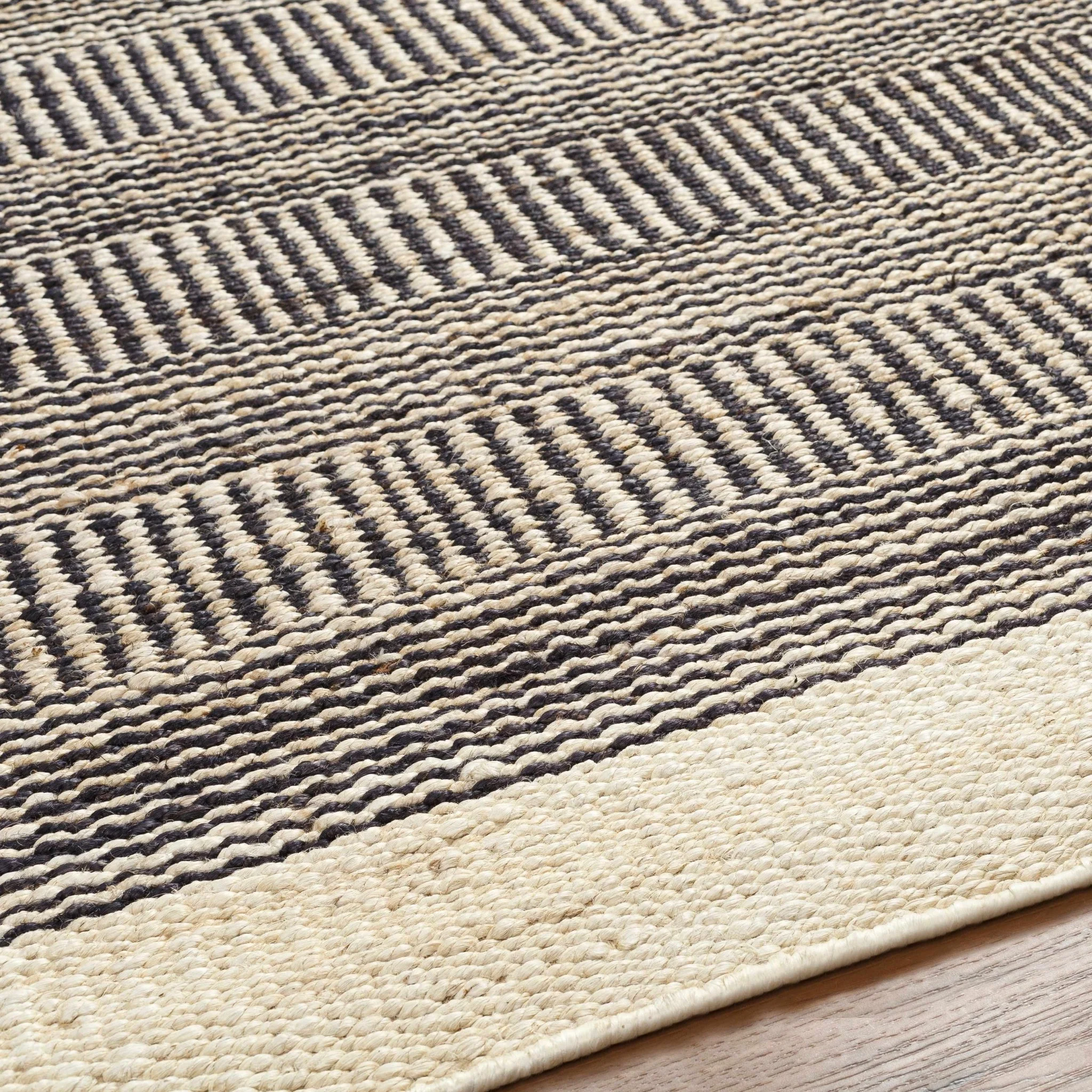 Hand Woven Tan and Charcoal Stripes Design contemporary jute area Rug - Image 3