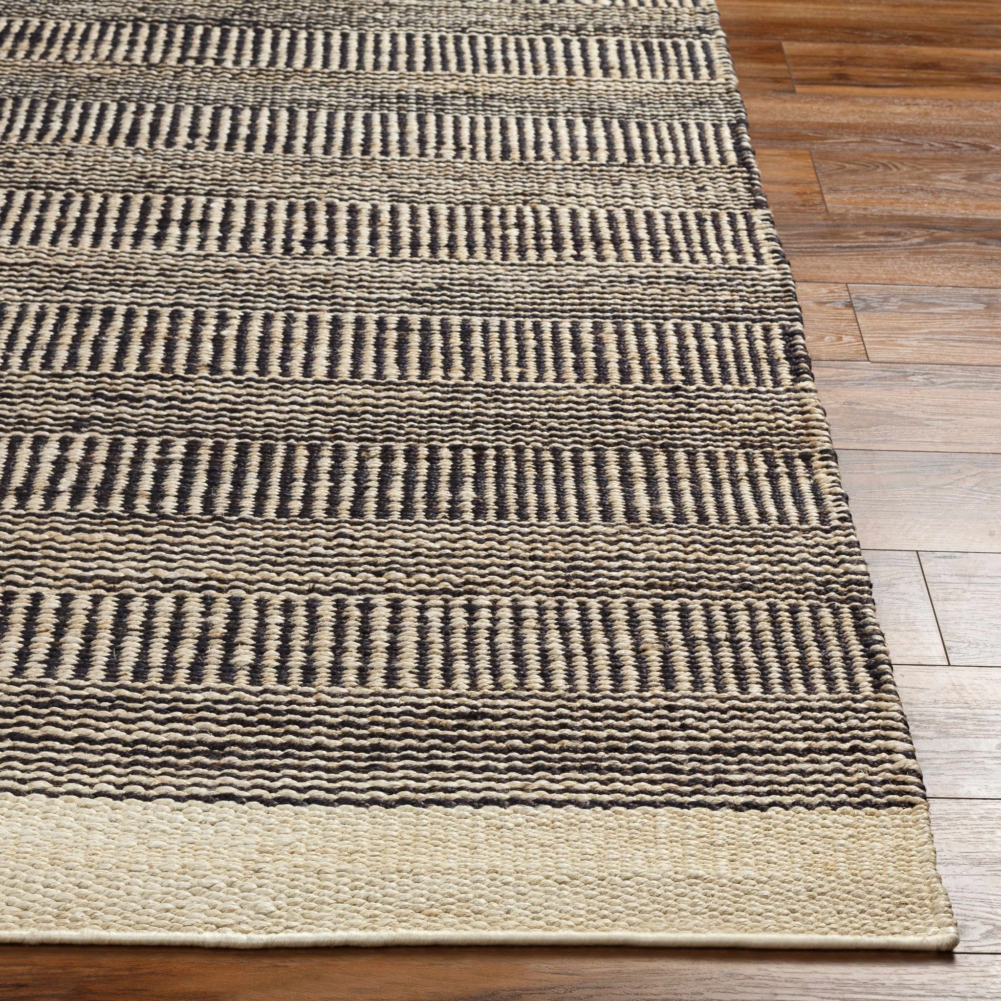 Hand Woven Tan and Charcoal Stripes Design contemporary jute area Rug - Image 4