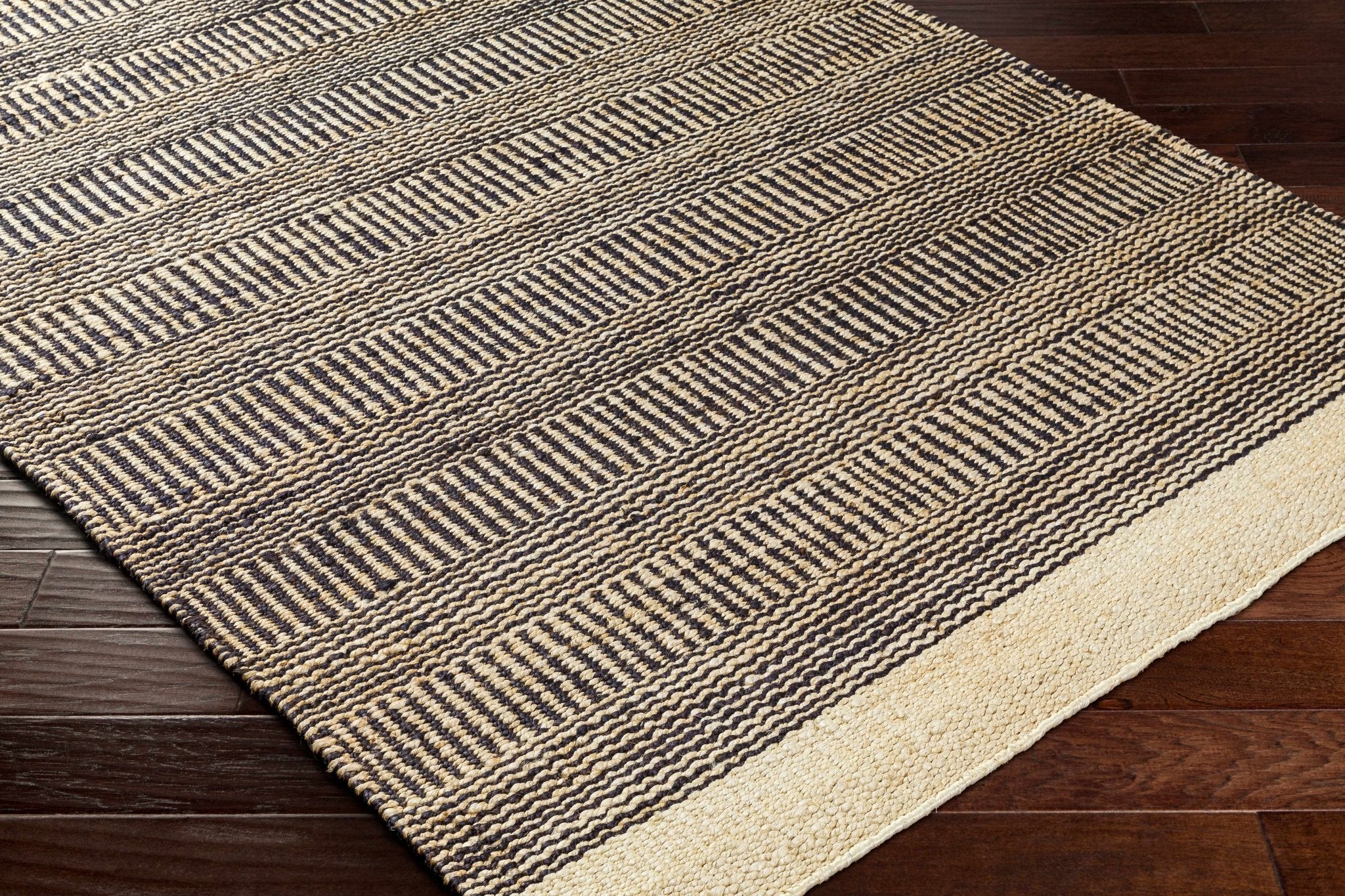 Hand Woven Tan and Charcoal Stripes Design contemporary jute area Rug - Image 5