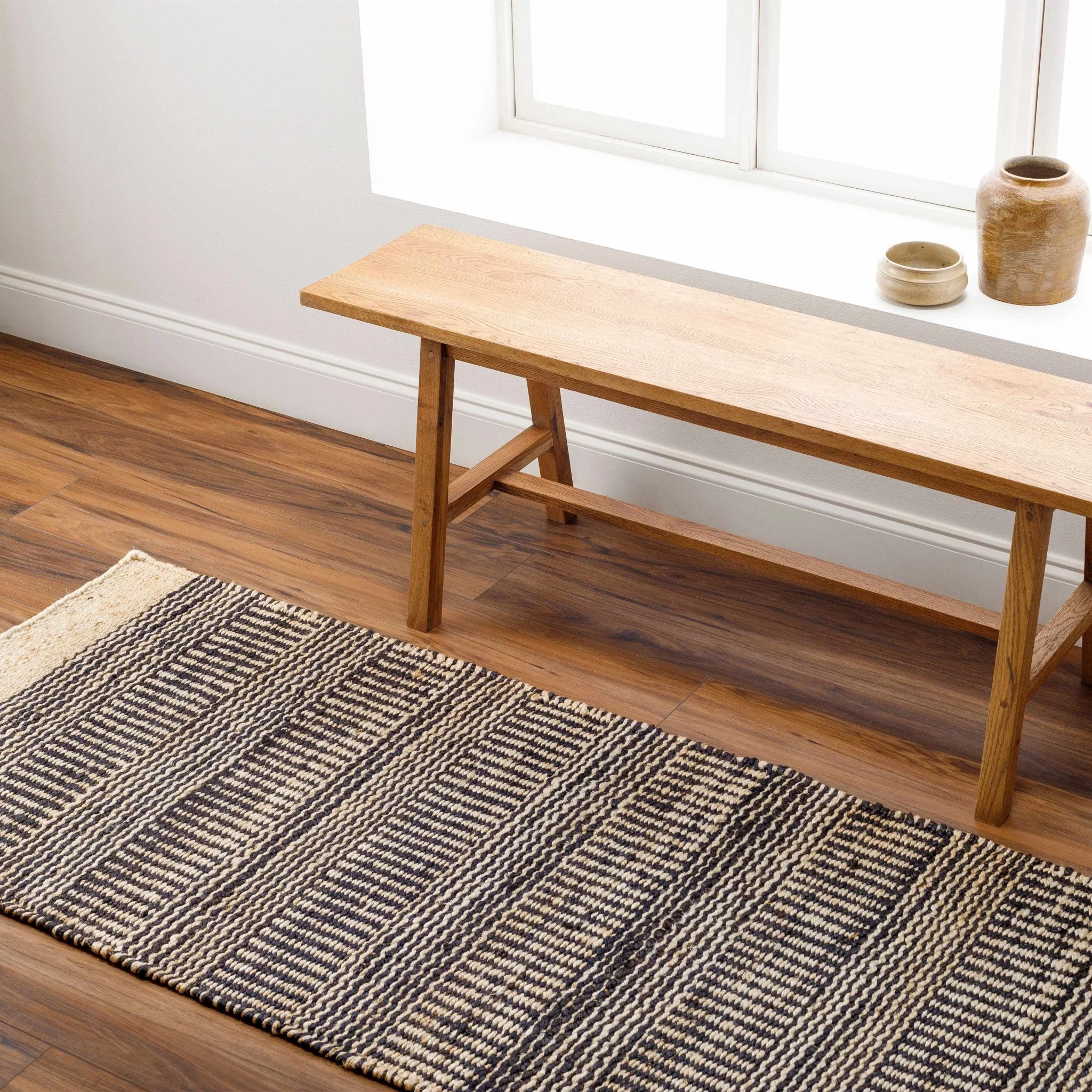 Hand Woven Tan and Charcoal Stripes Design contemporary jute area Rug - Image 9