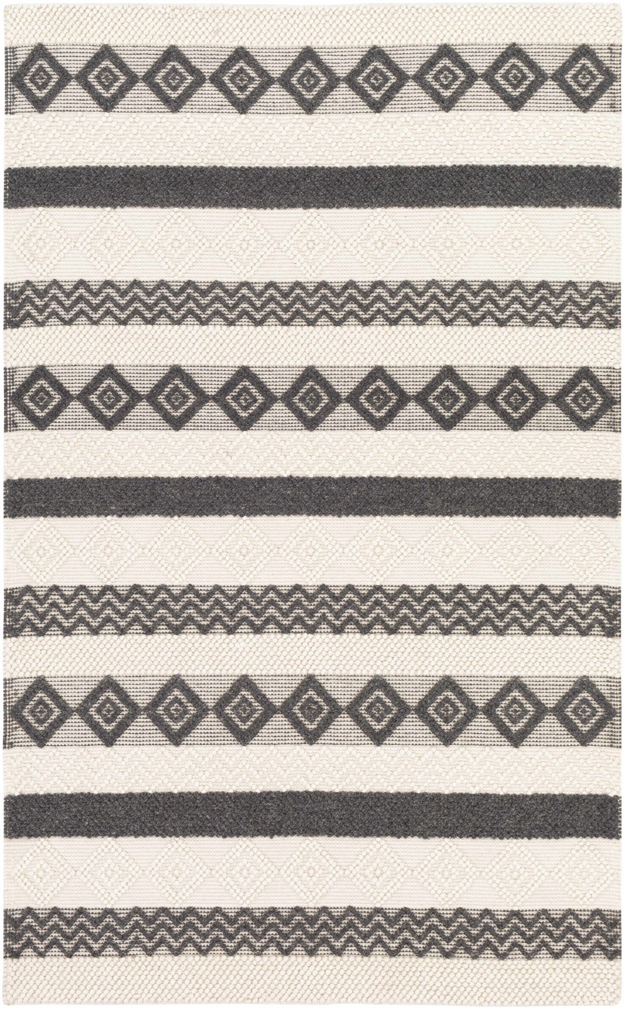 Hand Woven Tribal look Ivory and Charcoal Geometrical Tasseled wool Area Rug - Image 14