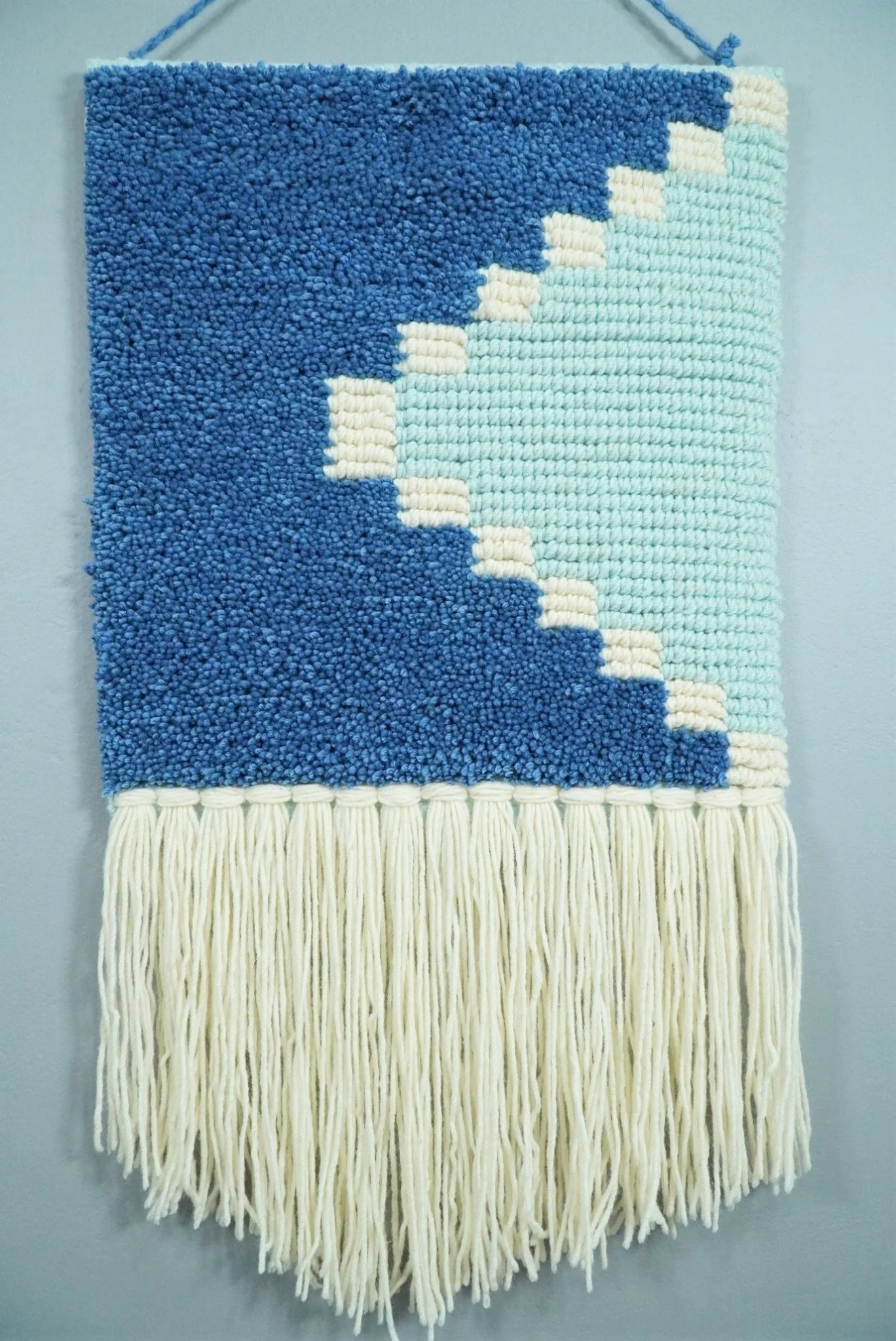 Hand Woven Wool Tapestry White and Blue Bohemian Modern Wall Hanging | WH8 - Image 2