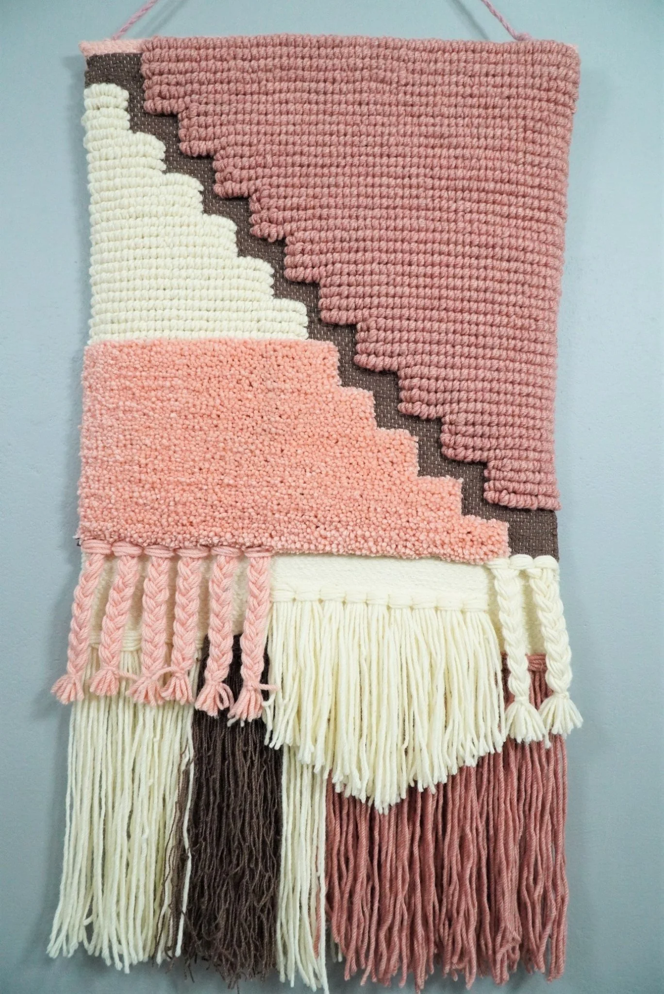 Hand Woven Wool Tapestry White and Peach Bohemian Wall Hanging | WH7 - Image 4