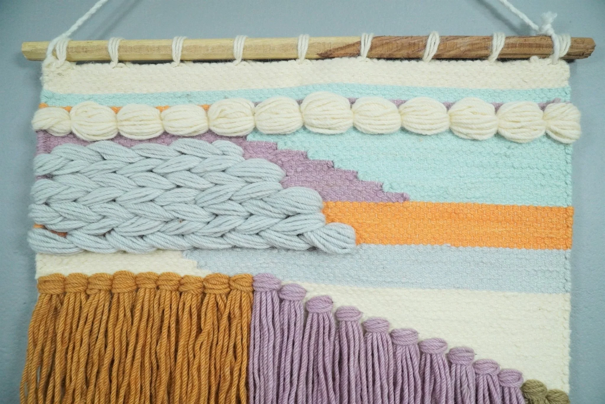 Hand Woven Wool Tapestry White, Blue and Gold Bohemian Modern Wall Hanging | WH12 - Image 2