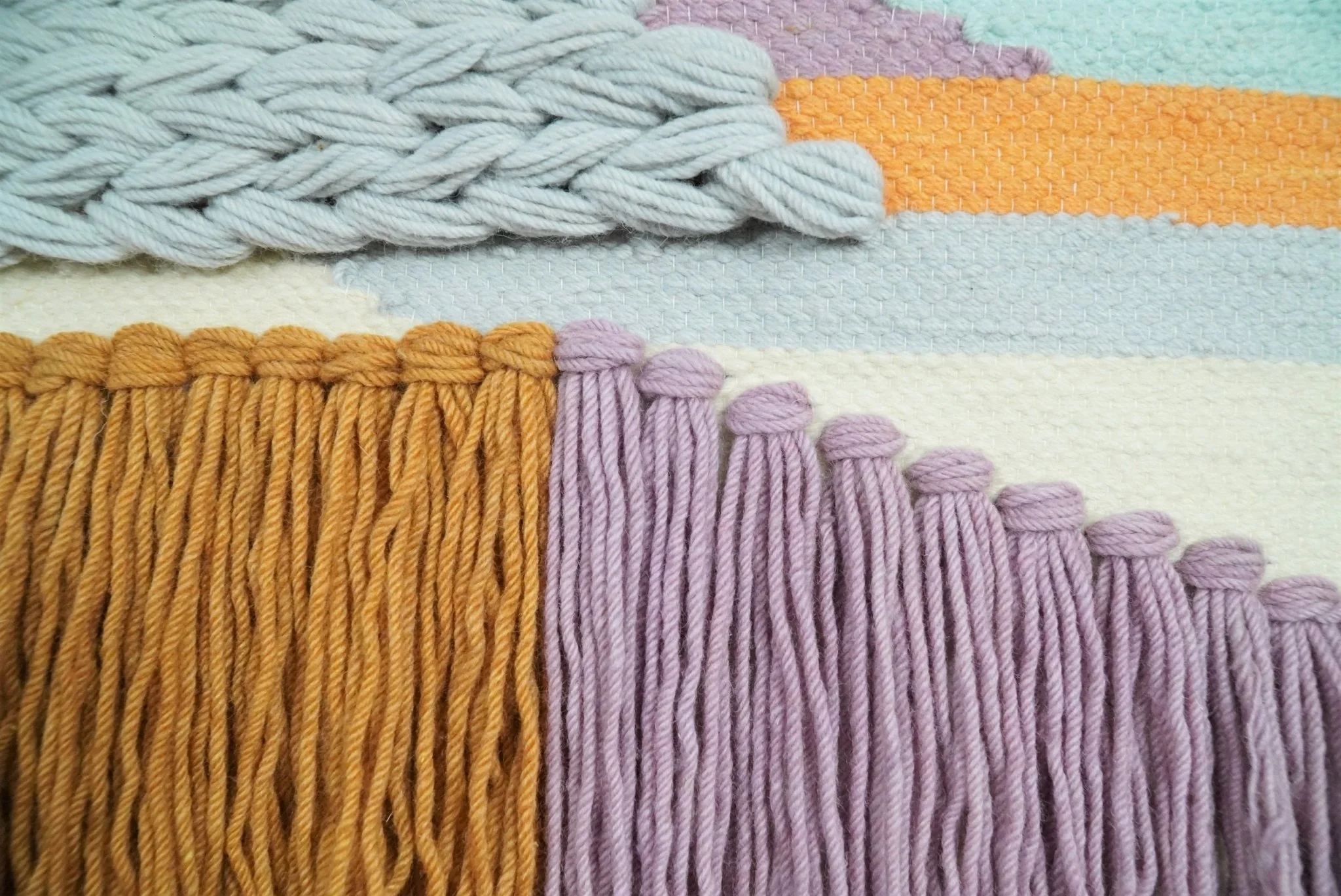 Hand Woven Wool Tapestry White, Blue and Gold Bohemian Modern Wall Hanging | WH12 - Image 4