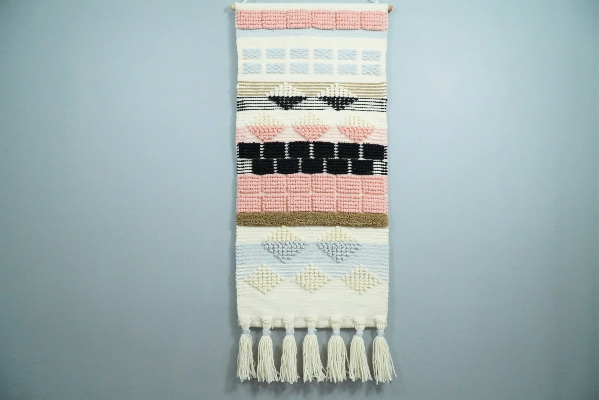 Hand Woven Wool Tapestry White, Blue and Pink Bohemian Modern Wall Hanging | WH13 - Image 2