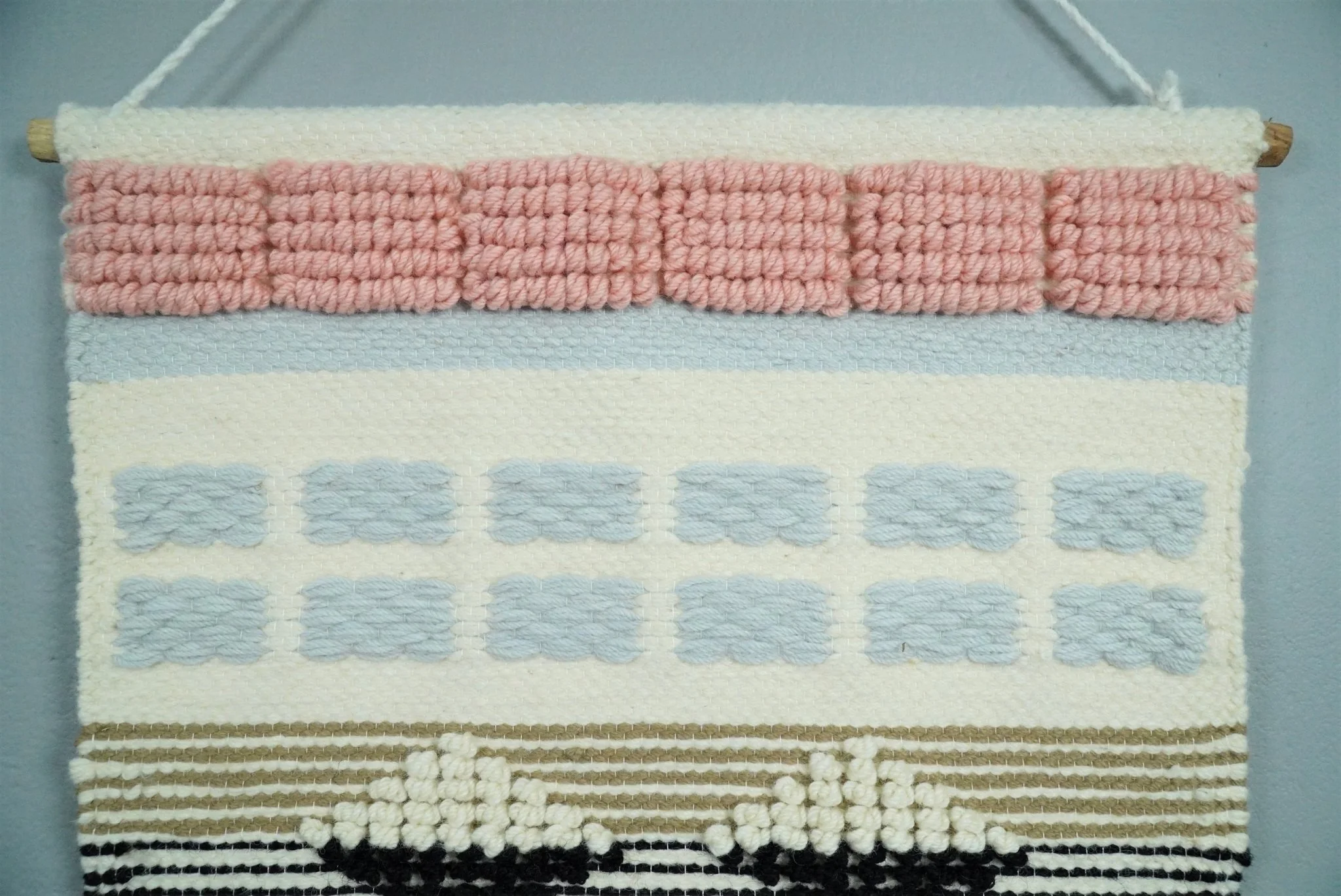 Hand Woven Wool Tapestry White, Blue and Pink Bohemian Modern Wall Hanging | WH13 - Image 4