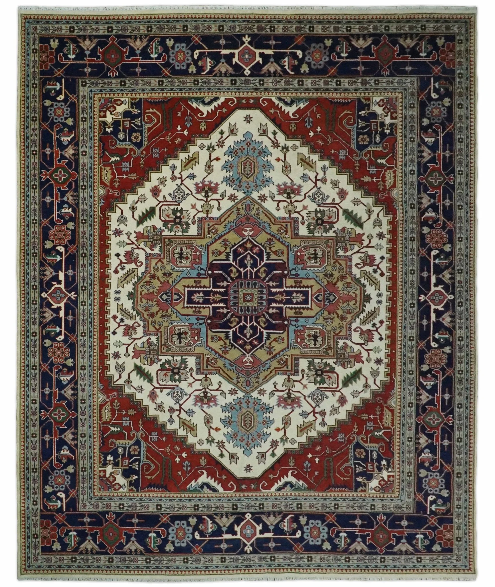 8x8, 8x10, 9x12,10x14 and 12x15 Hand Knotted Ivory and Blue Traditional Heriz Serapi Antique Wool Rug | TRDCP76 - Image 10