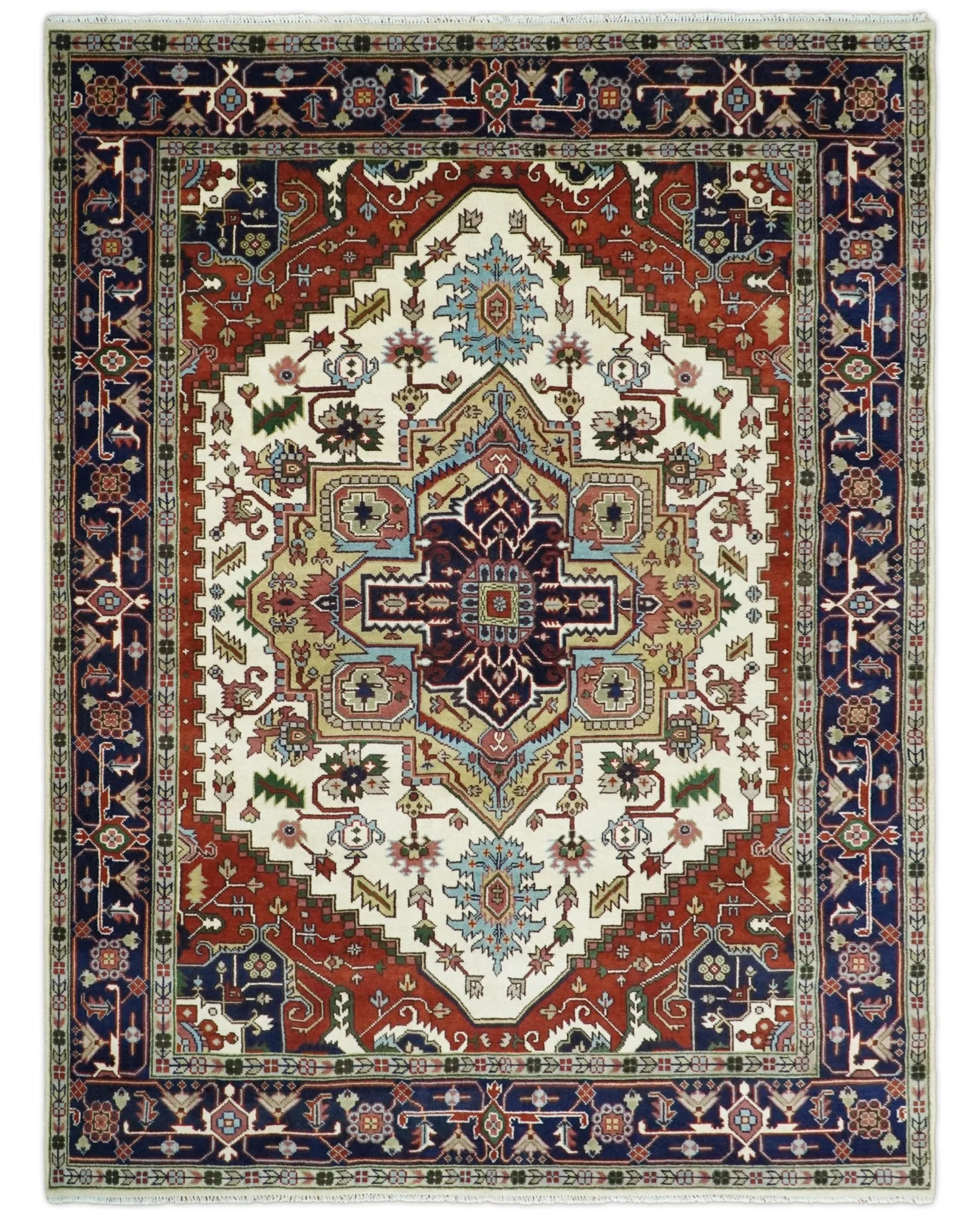 8x8, 8x10, 9x12,10x14 and 12x15 Hand Knotted Ivory and Blue Traditional Heriz Serapi Antique Wool Rug | TRDCP76 - Image 11