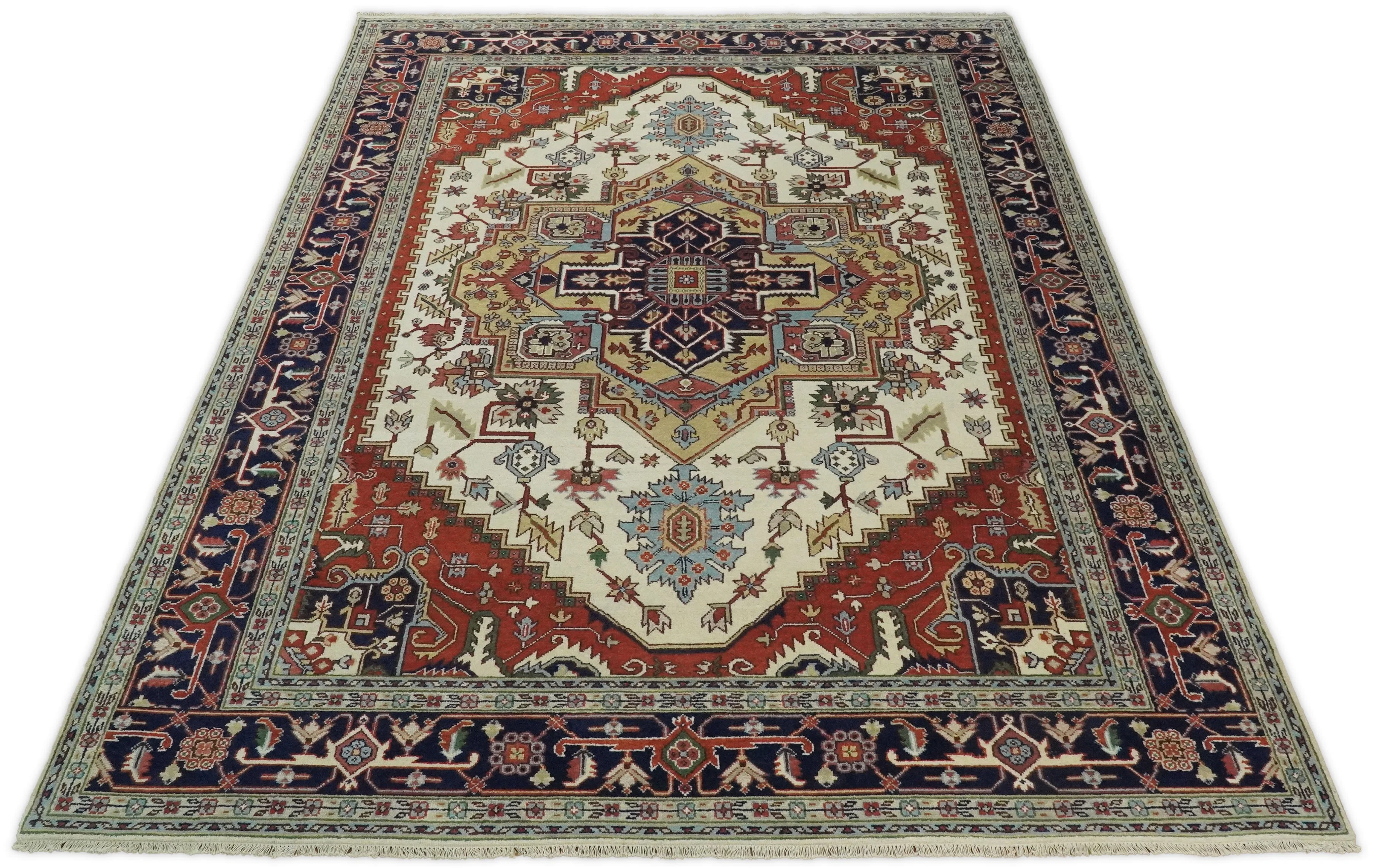 8x8, 8x10, 9x12,10x14 and 12x15 Hand Knotted Ivory and Blue Traditional Heriz Serapi Antique Wool Rug | TRDCP76 - Image 12