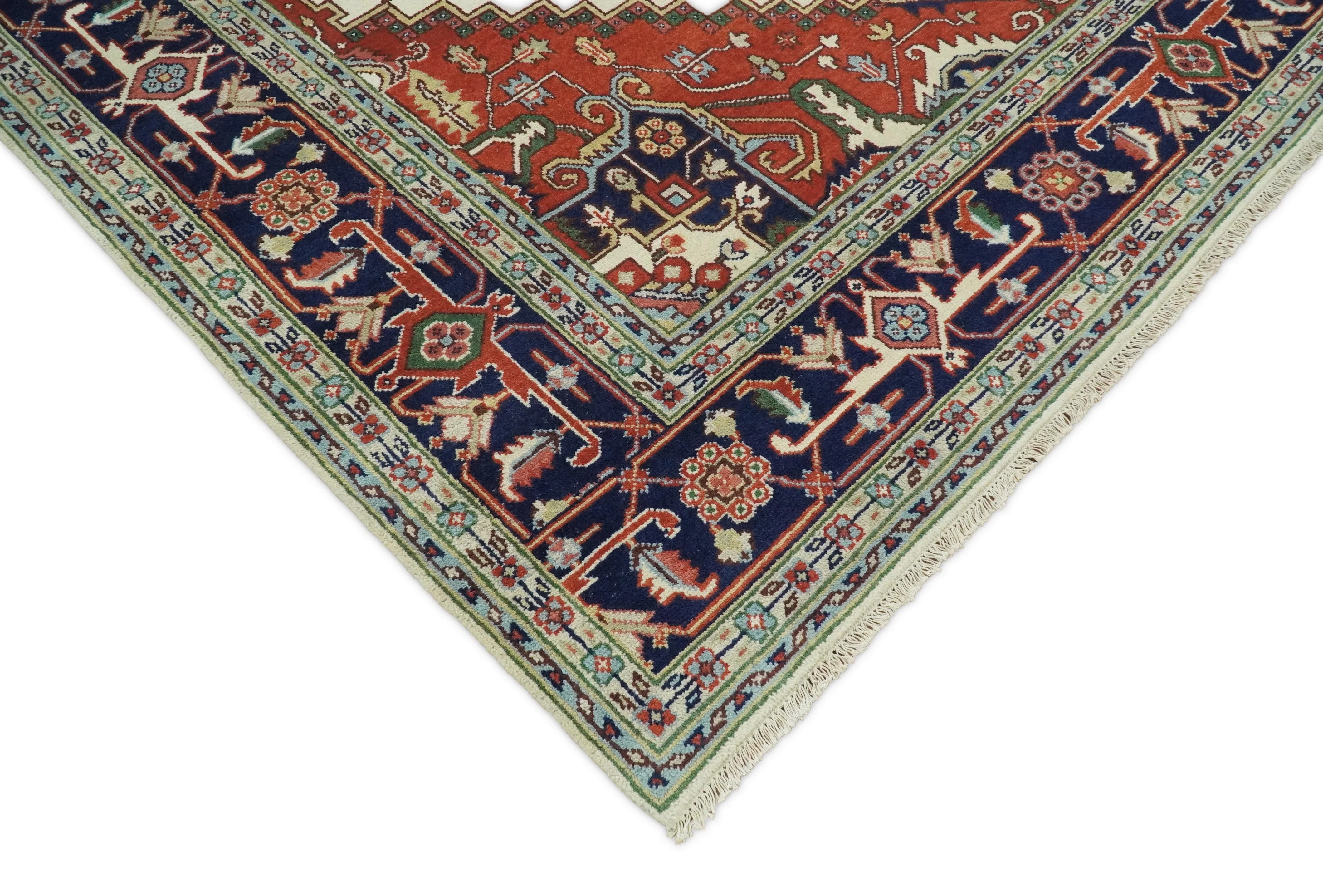 8x8, 8x10, 9x12,10x14 and 12x15 Hand Knotted Ivory and Blue Traditional Heriz Serapi Antique Wool Rug | TRDCP76 - Image 13
