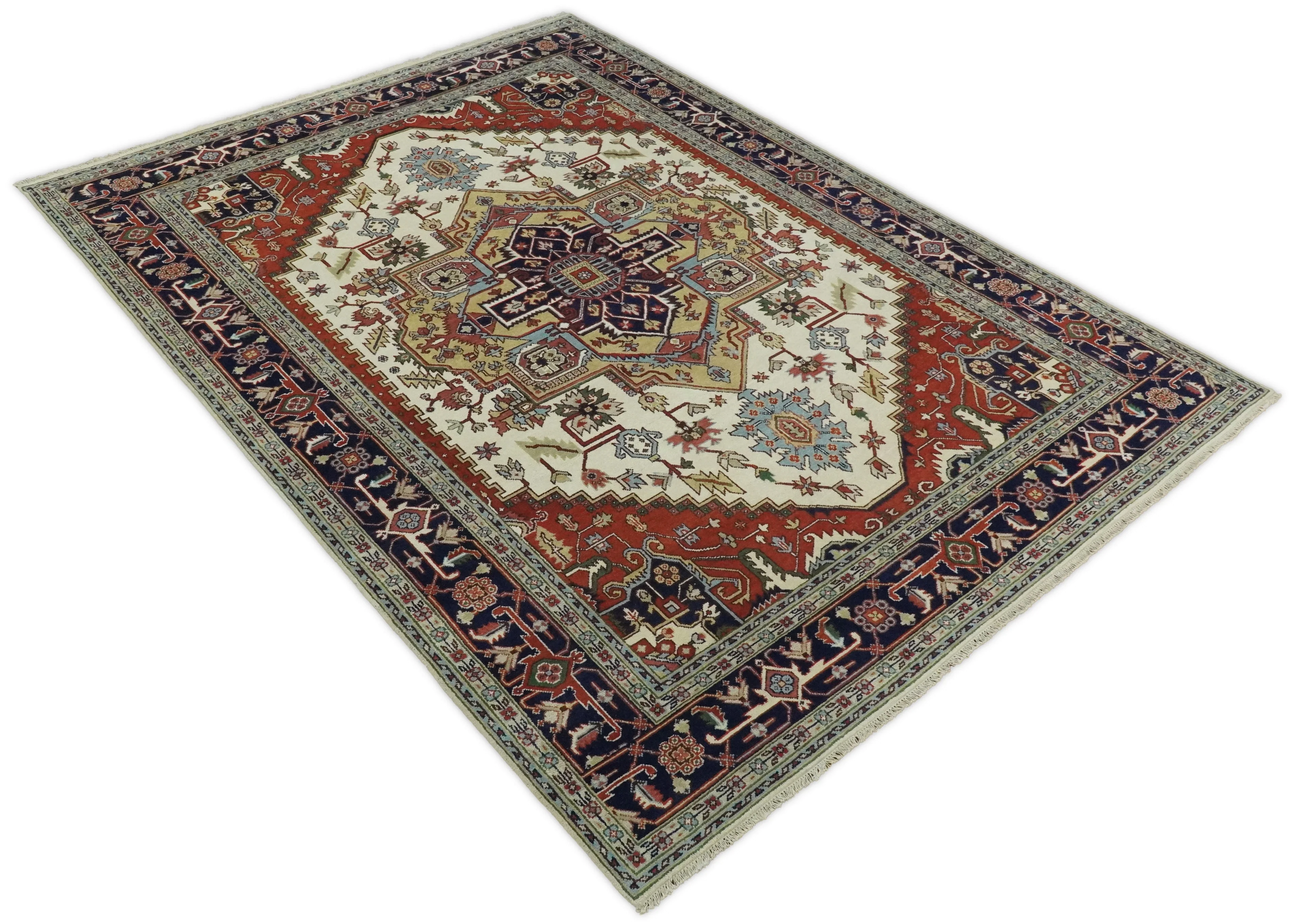 8x8, 8x10, 9x12,10x14 and 12x15 Hand Knotted Ivory and Blue Traditional Heriz Serapi Antique Wool Rug | TRDCP76 - Image 14