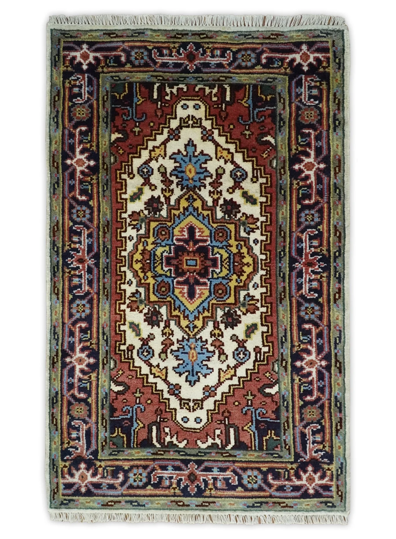 8x8, 8x10, 9x12,10x14 and 12x15 Hand Knotted Ivory and Blue Traditional Heriz Serapi Antique Wool Rug | TRDCP76 - Image 15