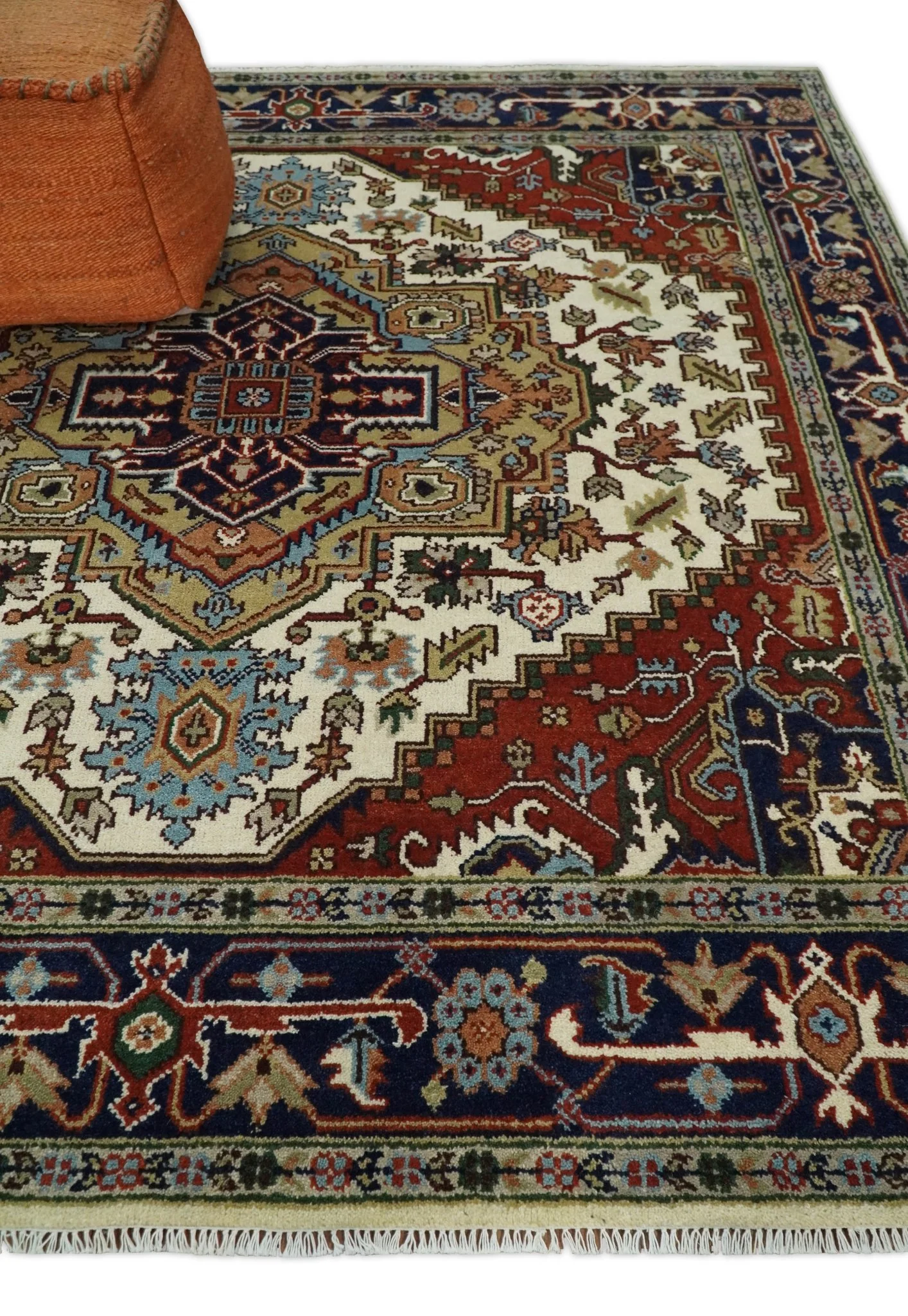 8x8, 8x10, 9x12,10x14 and 12x15 Hand Knotted Ivory and Blue Traditional Heriz Serapi Antique Wool Rug | TRDCP76 - Image 3