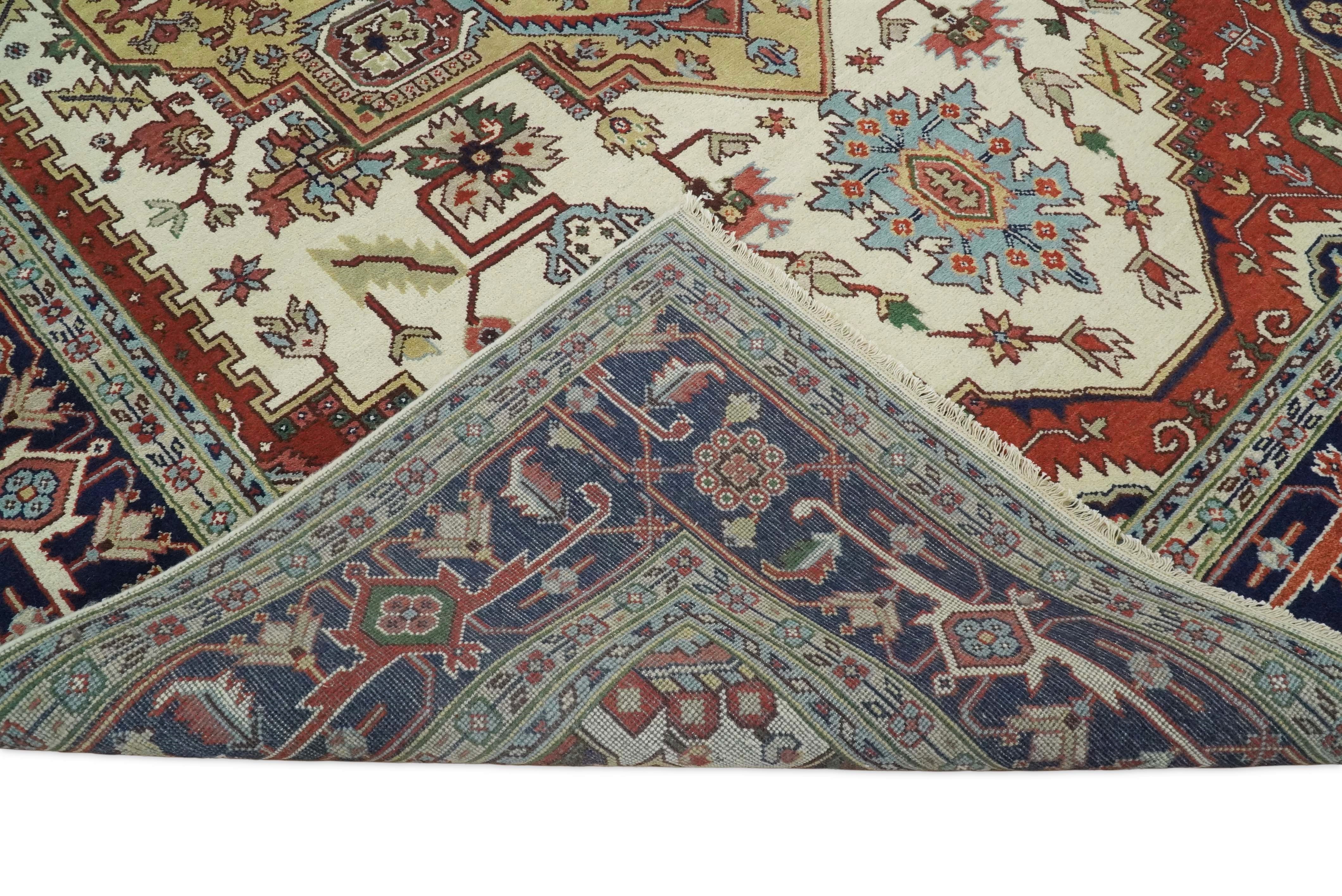 8x8, 8x10, 9x12,10x14 and 12x15 Hand Knotted Ivory and Blue Traditional Heriz Serapi Antique Wool Rug | TRDCP76 - Image 6