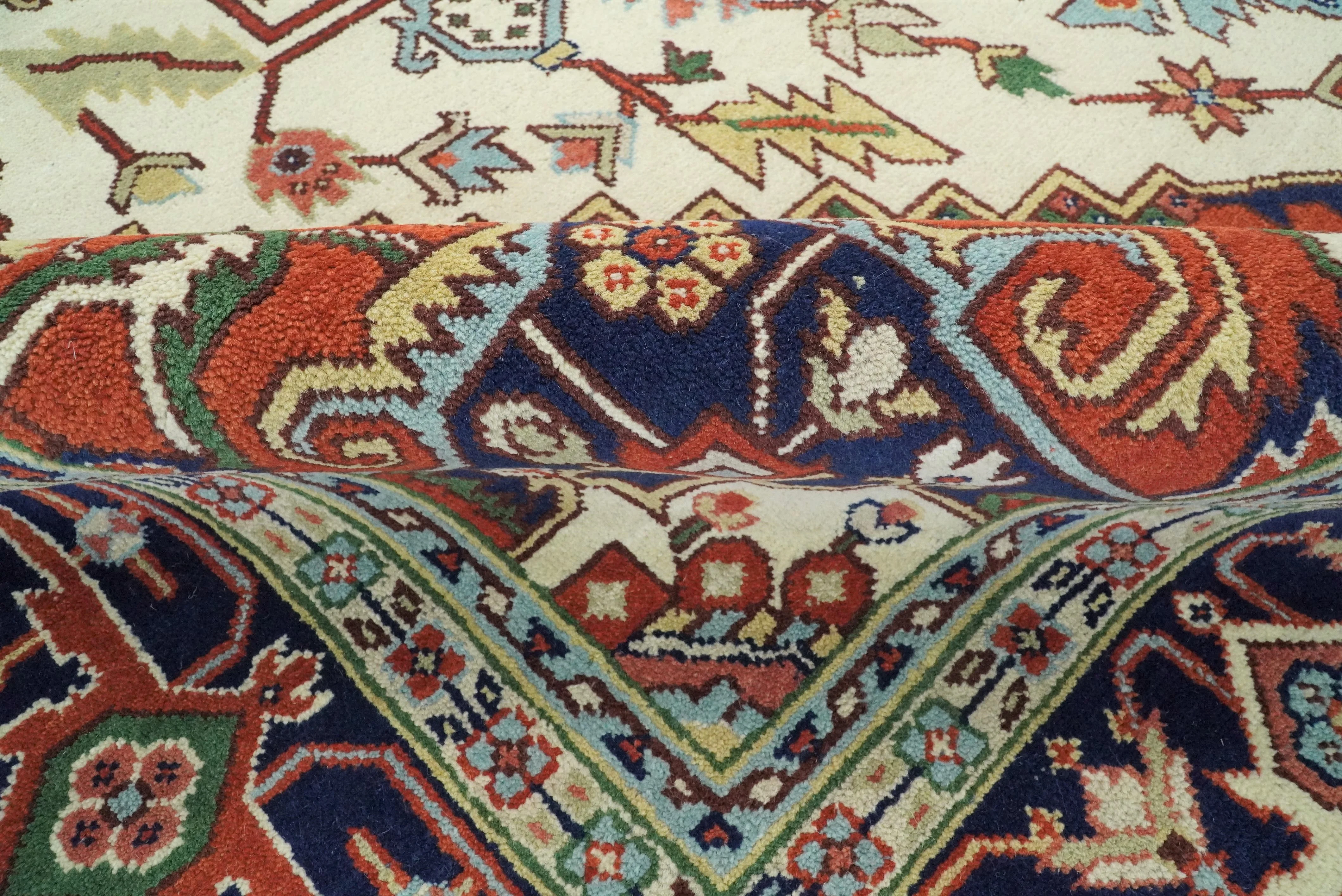 8x8, 8x10, 9x12,10x14 and 12x15 Hand Knotted Ivory and Blue Traditional Heriz Serapi Antique Wool Rug | TRDCP76 - Image 7