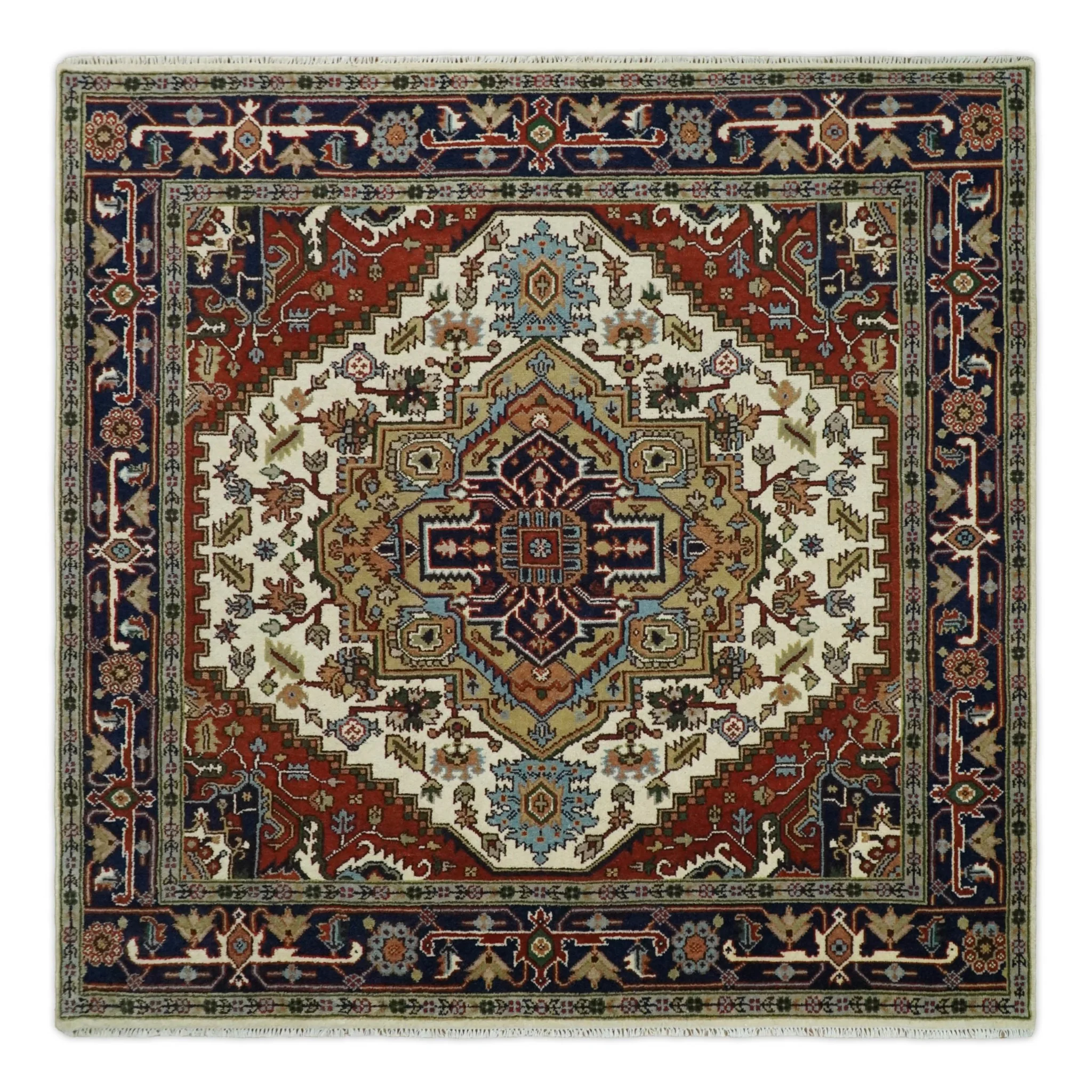 8x8, 8x10, 9x12,10x14 and 12x15 Hand Knotted Ivory and Blue Traditional Heriz Serapi Antique Wool Rug | TRDCP76 - Image 8