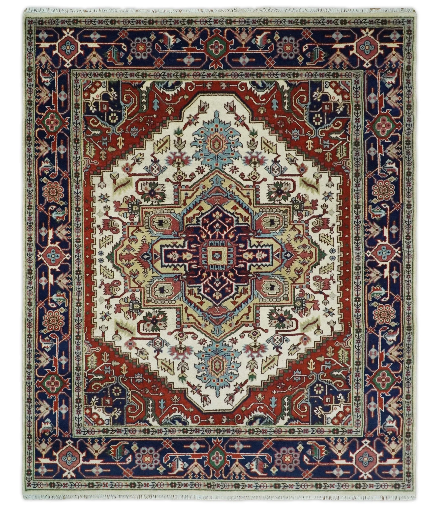 8x8, 8x10, 9x12,10x14 and 12x15 Hand Knotted Ivory and Blue Traditional Heriz Serapi Antique Wool Rug | TRDCP76 - Image 9
