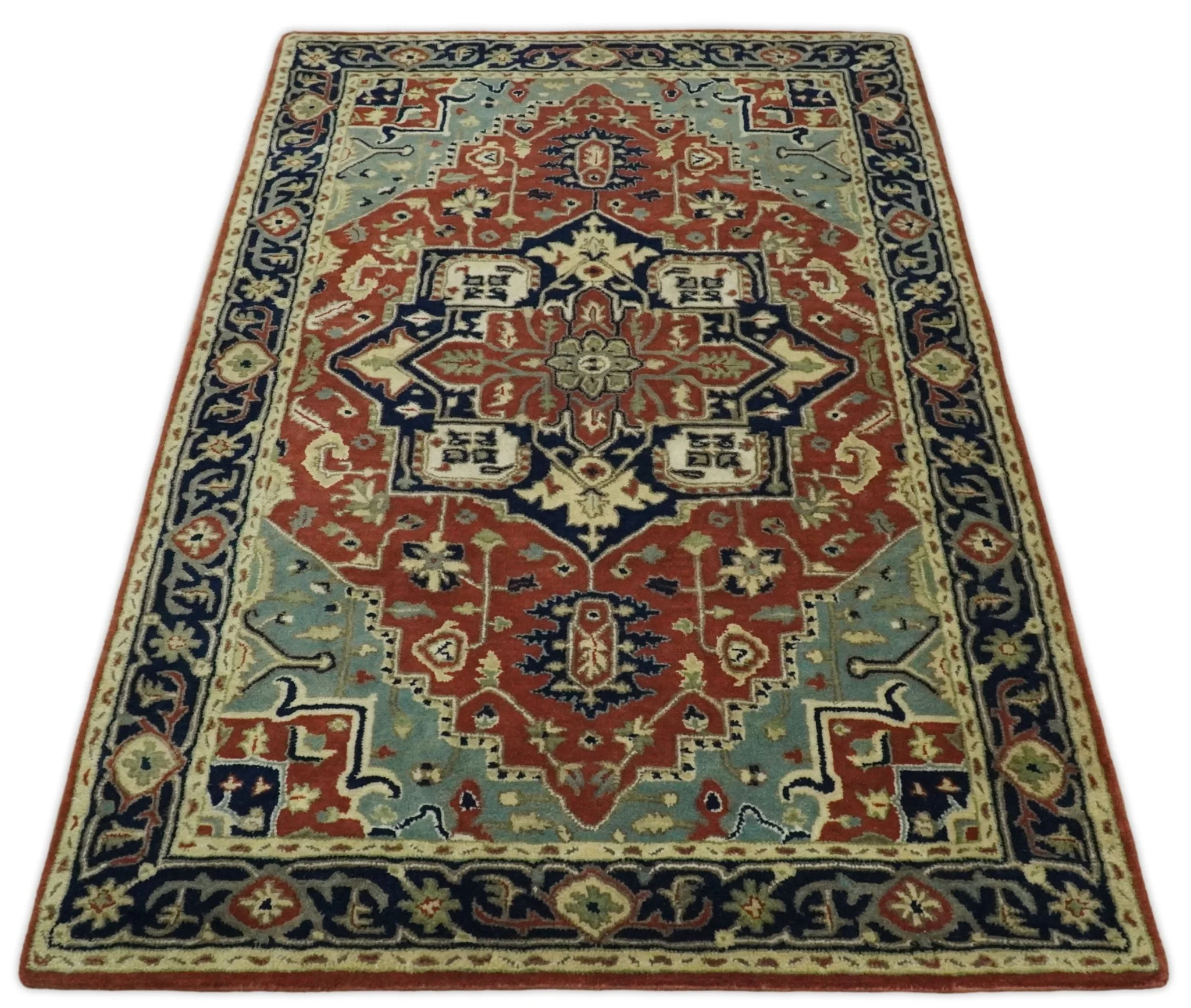 Handmade 5x8 Rust and Blue made with fine wool Area Rug |  TRDCP11658 - Image 3