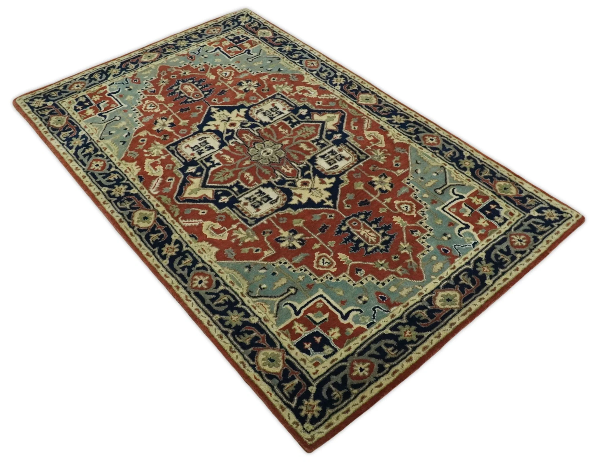 Handmade 5x8 Rust and Blue made with fine wool Area Rug |  TRDCP11658 - Image 4