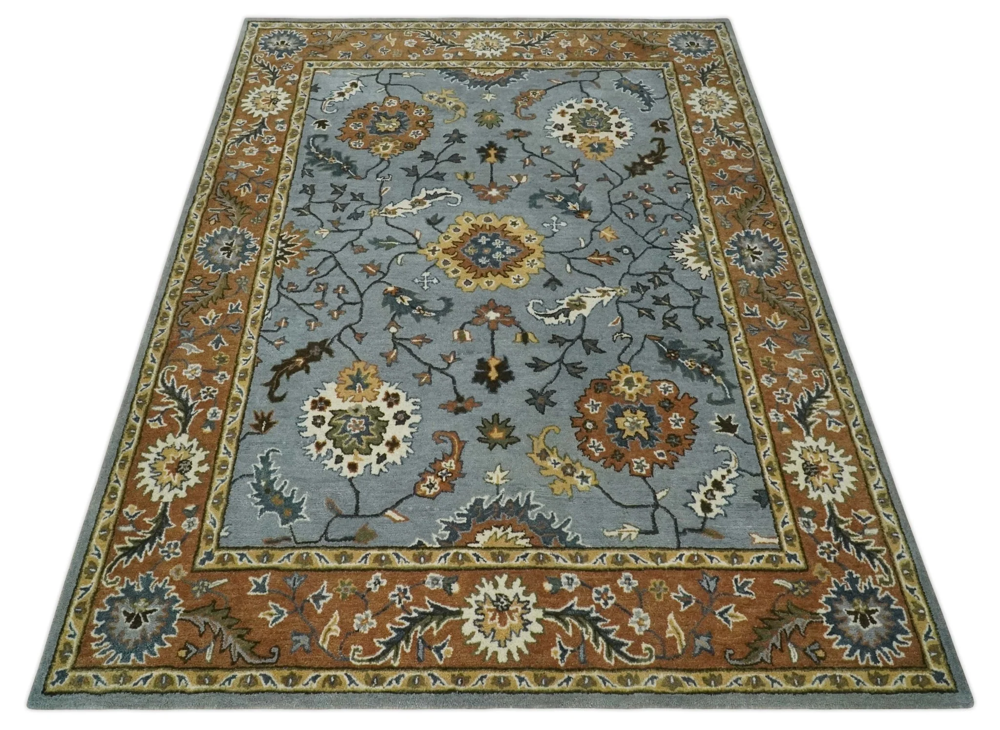 Handmade Vintage Style Oushak Design Silver, Rust and Beige Multi Size wool Area Rug - Image 11