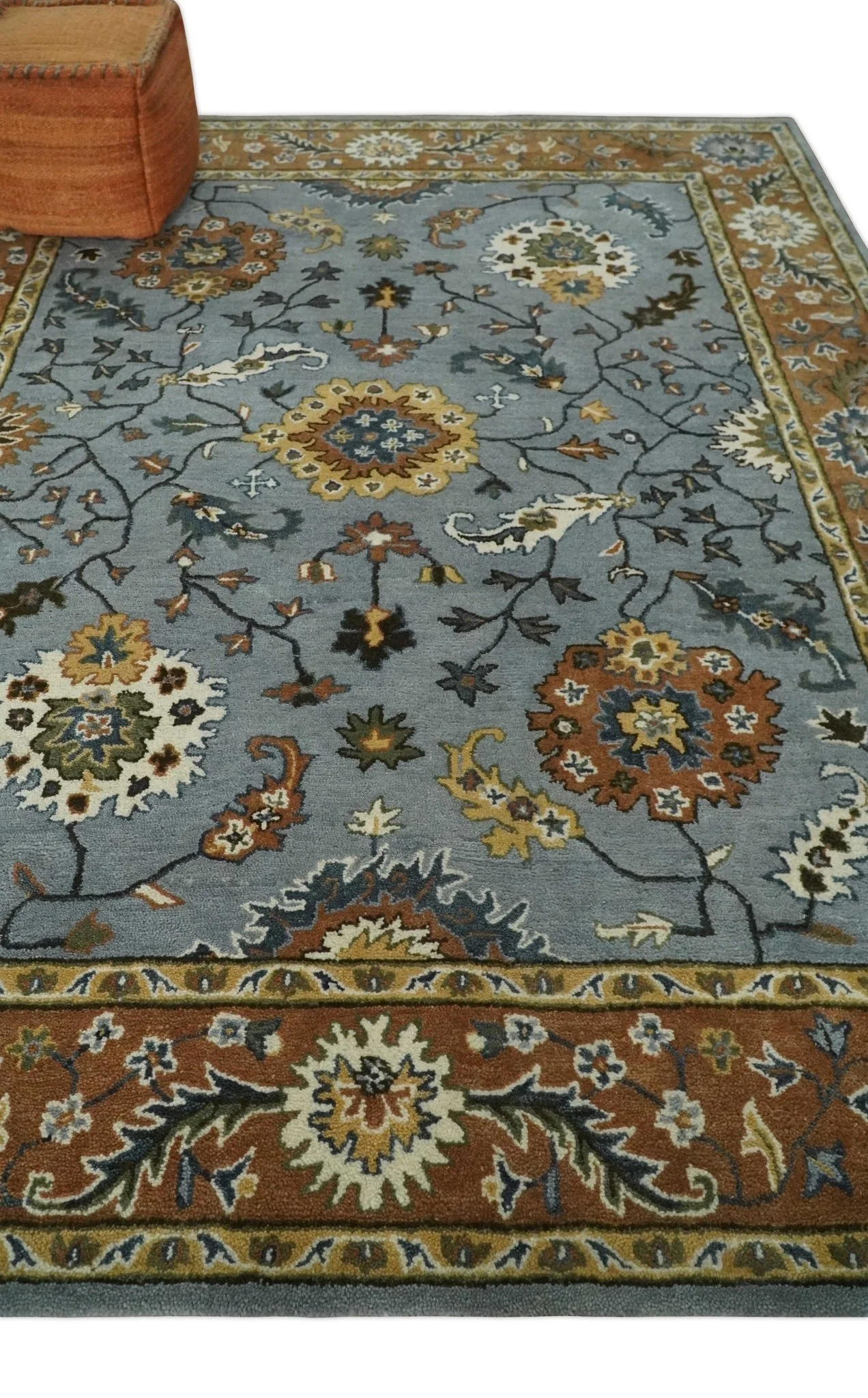 Handmade Vintage Style Oushak Design Silver, Rust and Beige Multi Size wool Area Rug - Image 5