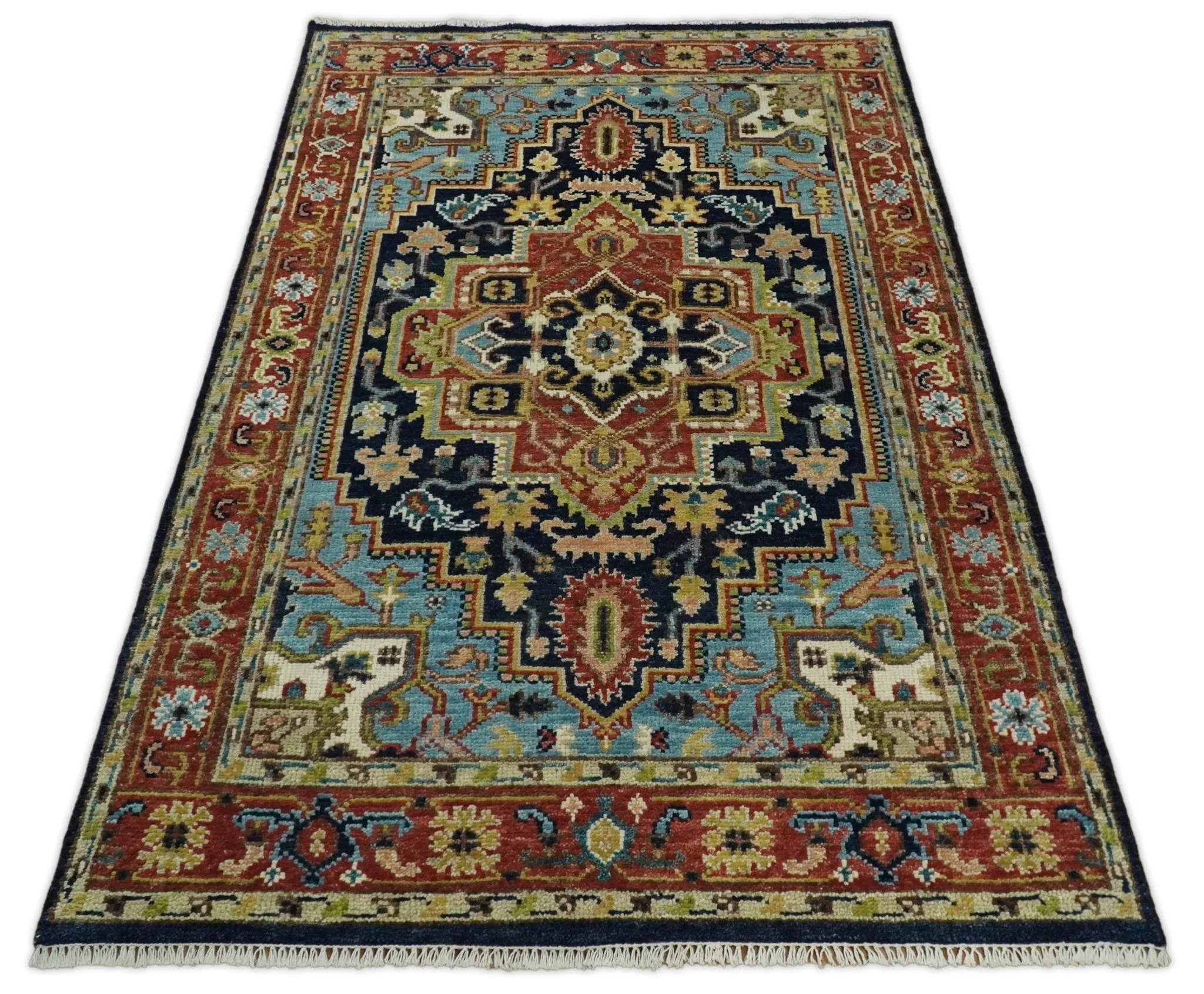 Custom Made Blue and Rust Hand Knotted Wool Antique Style Wool Area Rug - Image 11