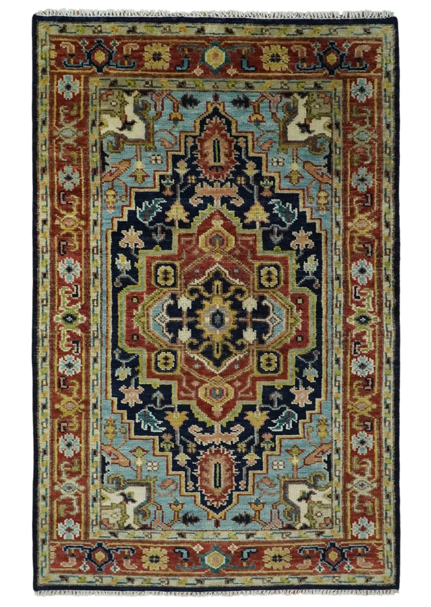 Custom Made Blue and Rust Hand Knotted Wool Antique Style Wool Area Rug - Image 3