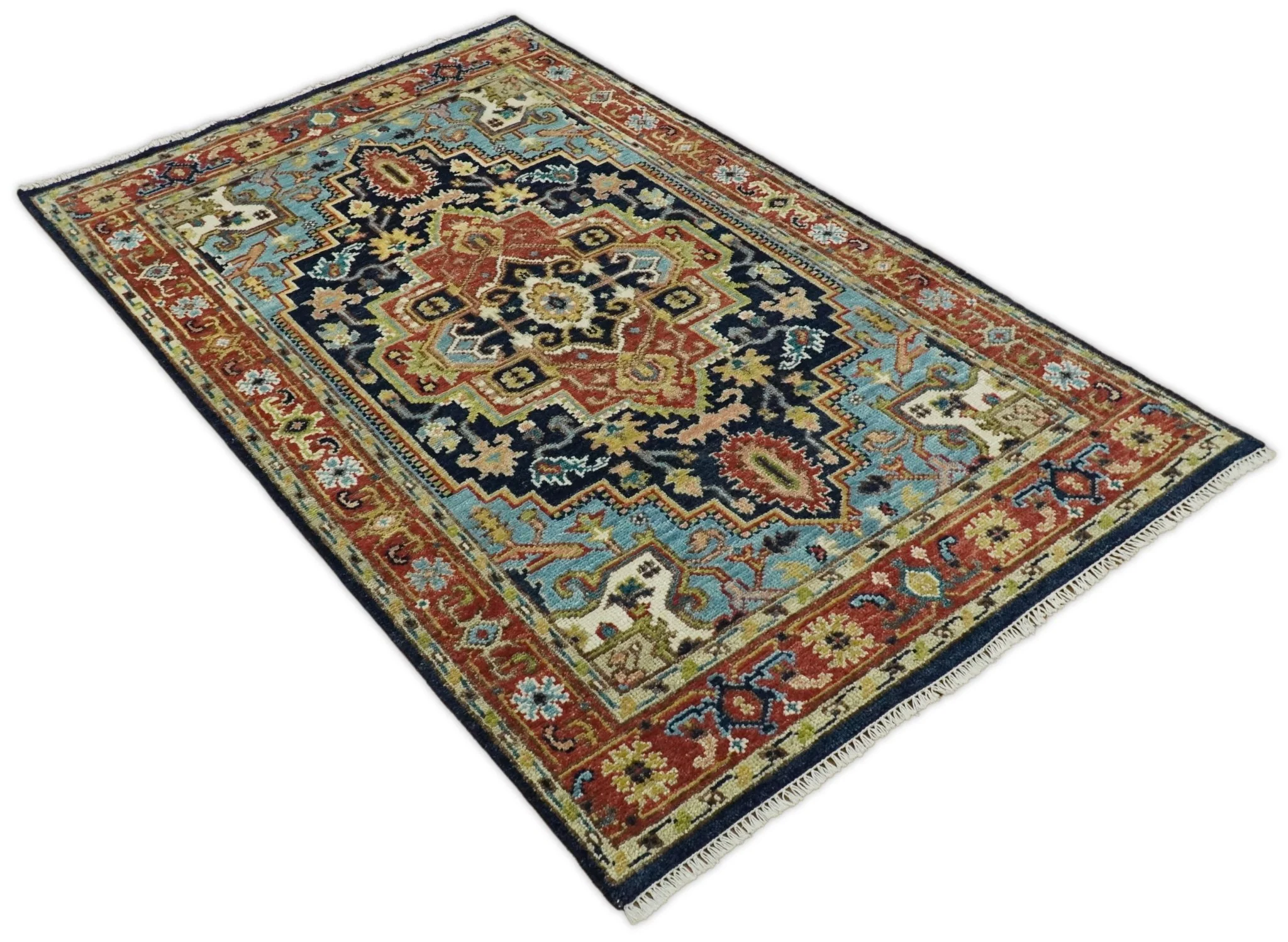 Custom Made Blue and Rust Hand Knotted Wool Antique Style Wool Area Rug - Image 9