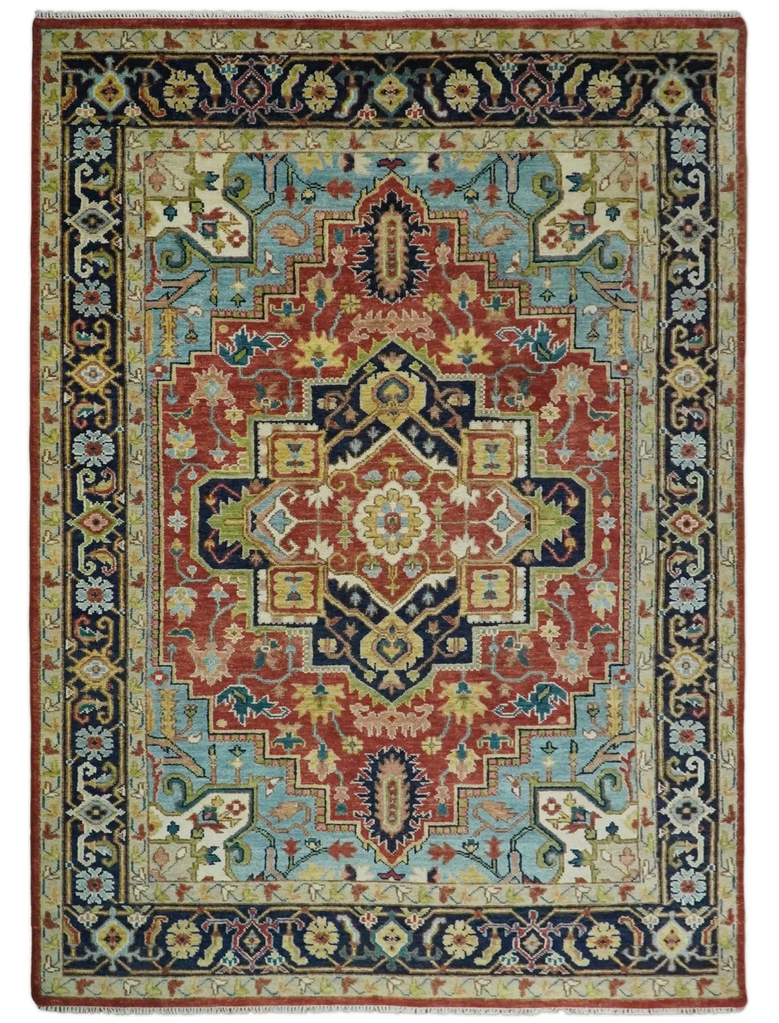 Rust, Blue and Beige Traditional Heriz Medallion Hand Knotted Multi Size Wool Area Rug - Image 10