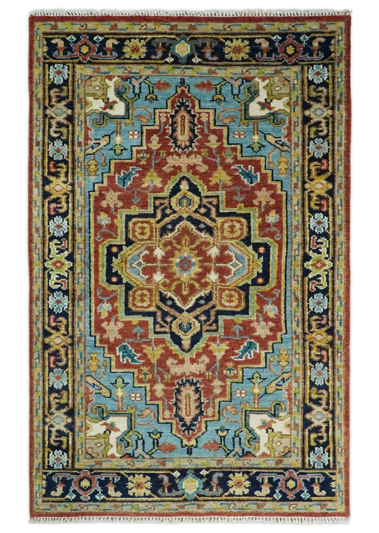 Rust, Blue and Beige Traditional Heriz Medallion Hand Knotted Multi Size Wool Area Rug - Image 11