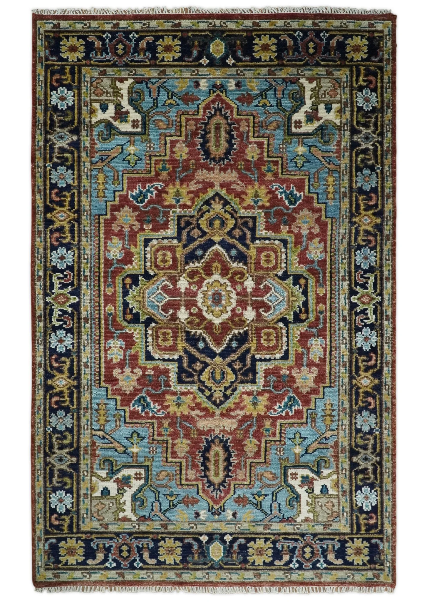 Rust, Blue and Beige Traditional Heriz Medallion Hand Knotted Multi Size Wool Area Rug - Image 12