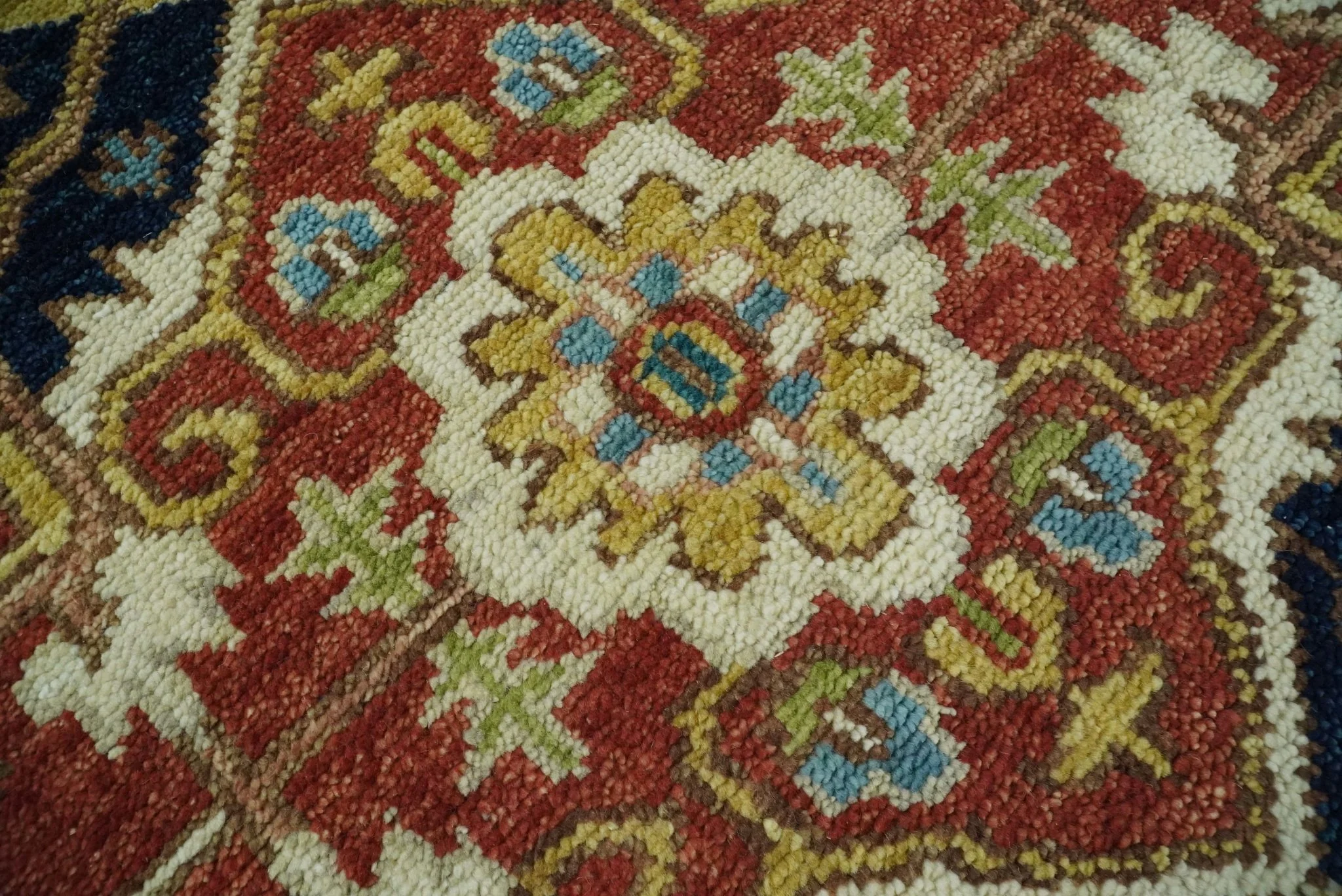Rust, Blue and Beige Traditional Heriz Medallion Hand Knotted Multi Size Wool Area Rug - Image 3