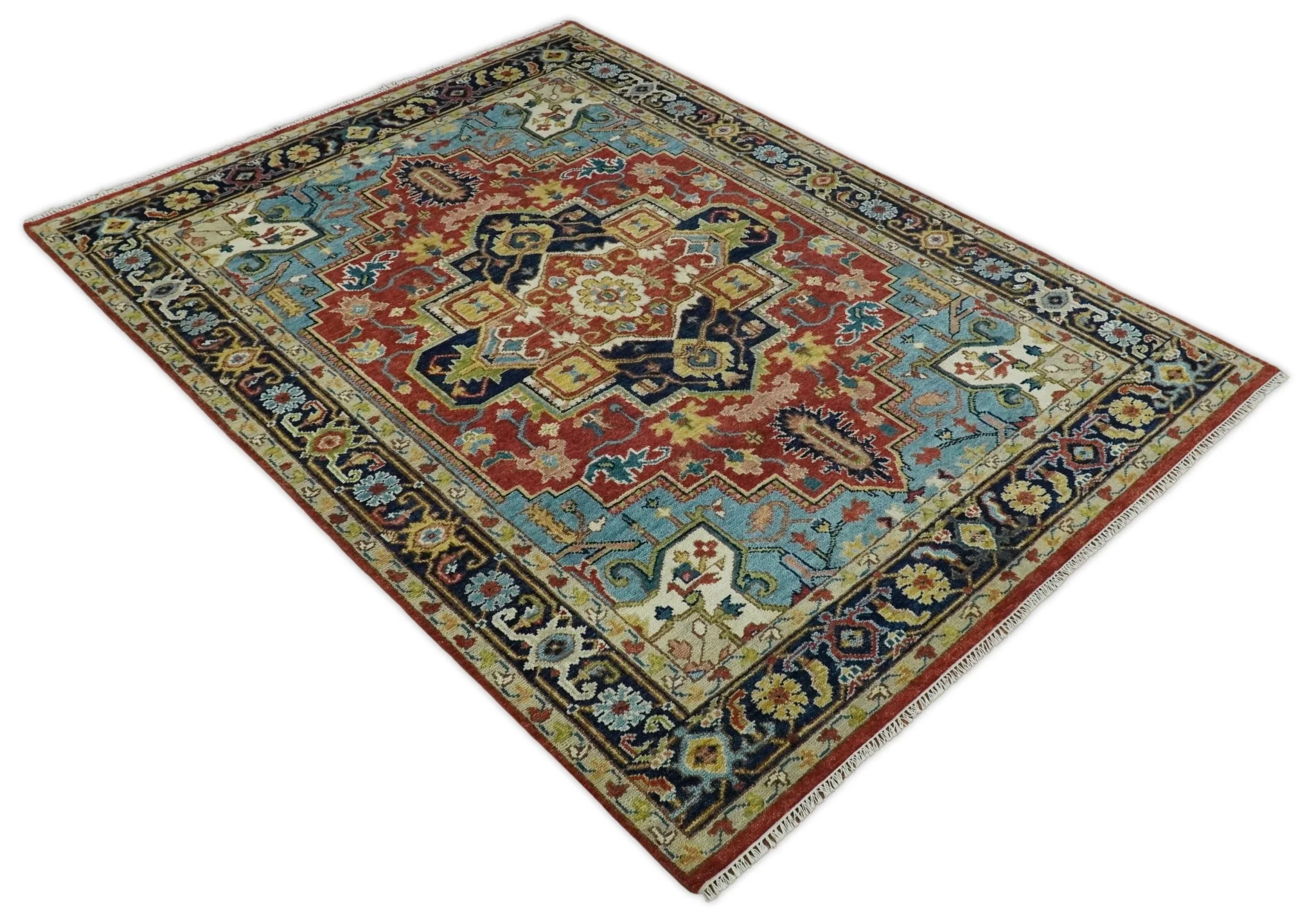 Rust, Blue and Beige Traditional Heriz Medallion Hand Knotted Multi Size Wool Area Rug - Image 4