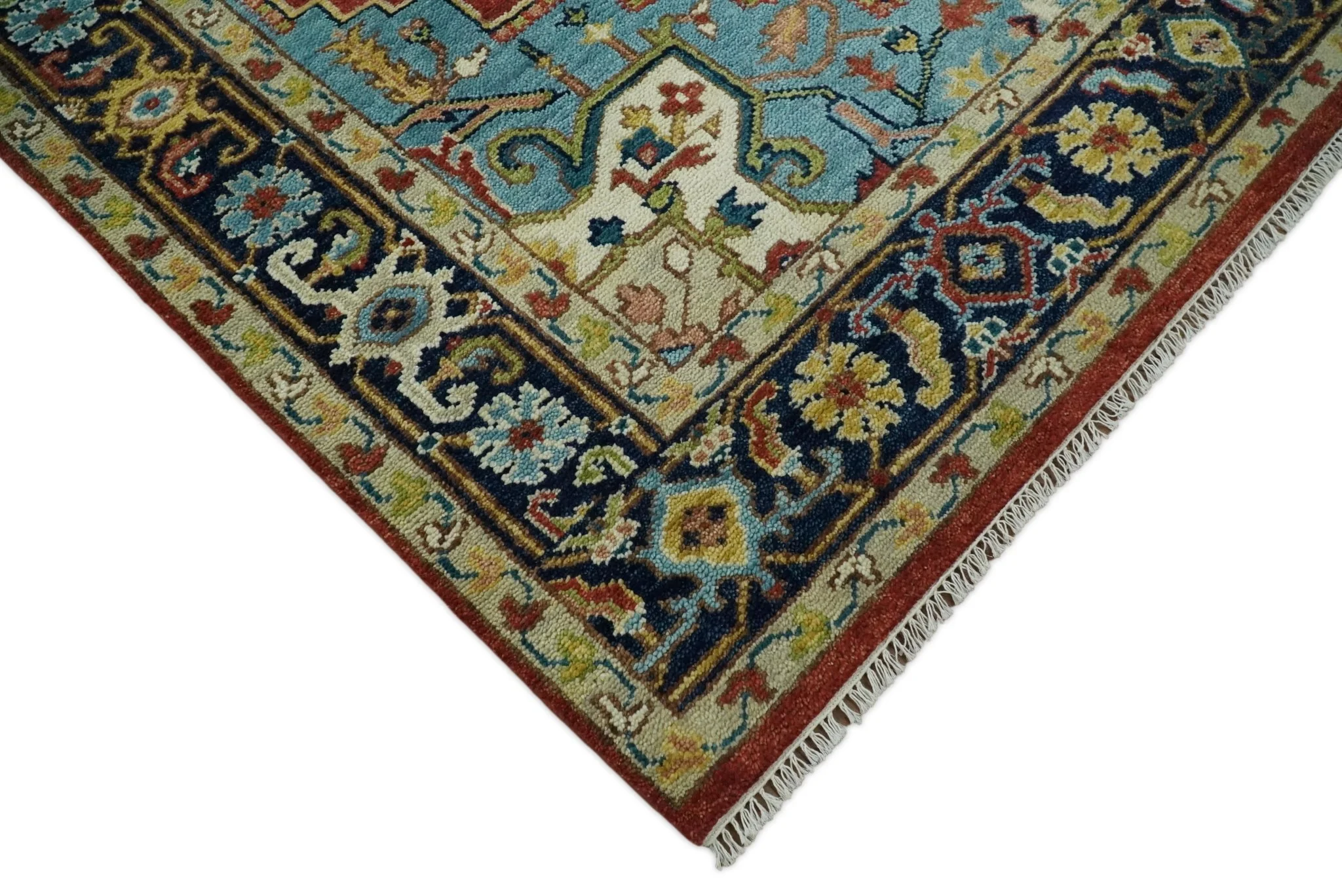 Rust, Blue and Beige Traditional Heriz Medallion Hand Knotted Multi Size Wool Area Rug - Image 5
