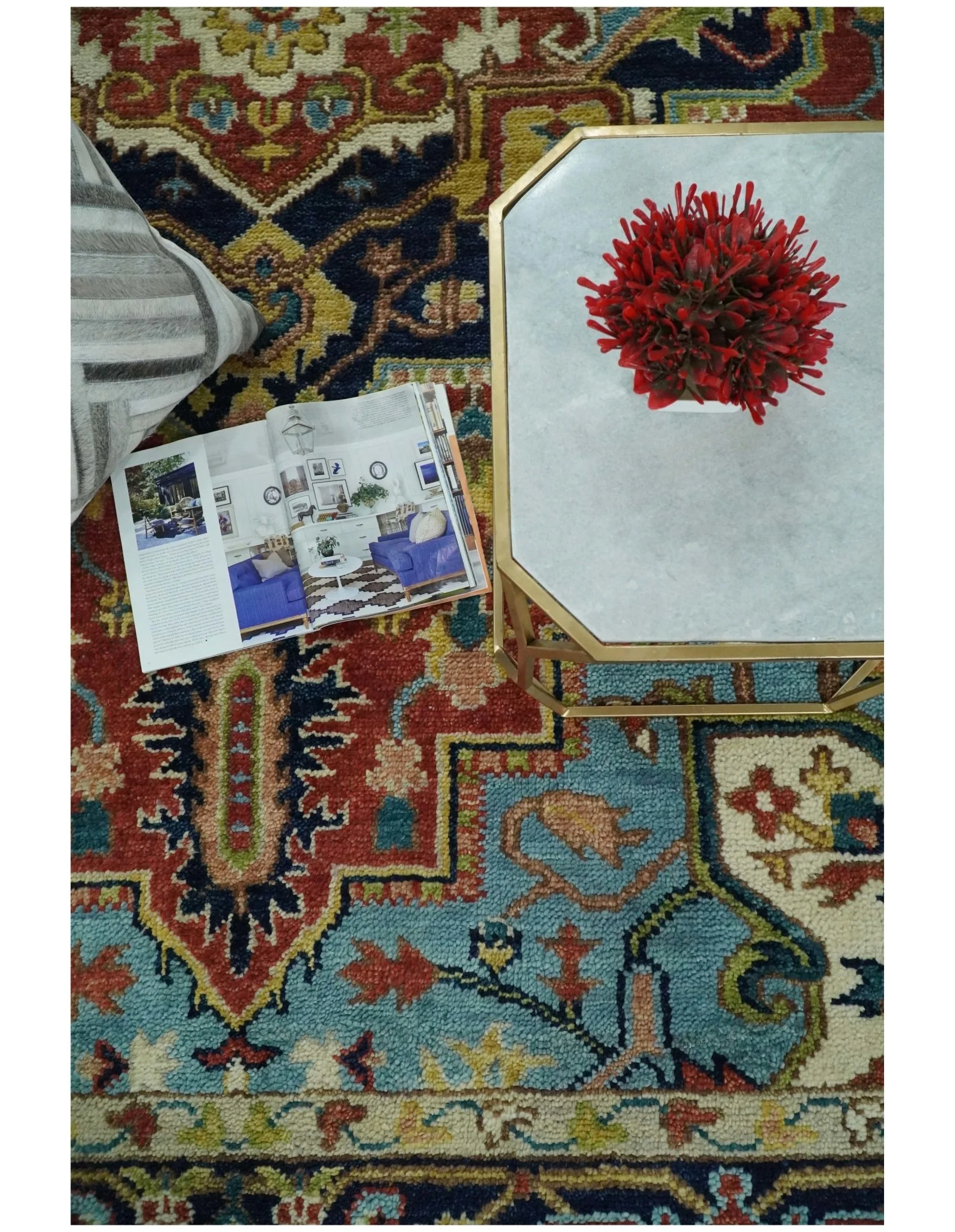 Rust, Blue and Beige Traditional Heriz Medallion Hand Knotted Multi Size Wool Area Rug - Image 6