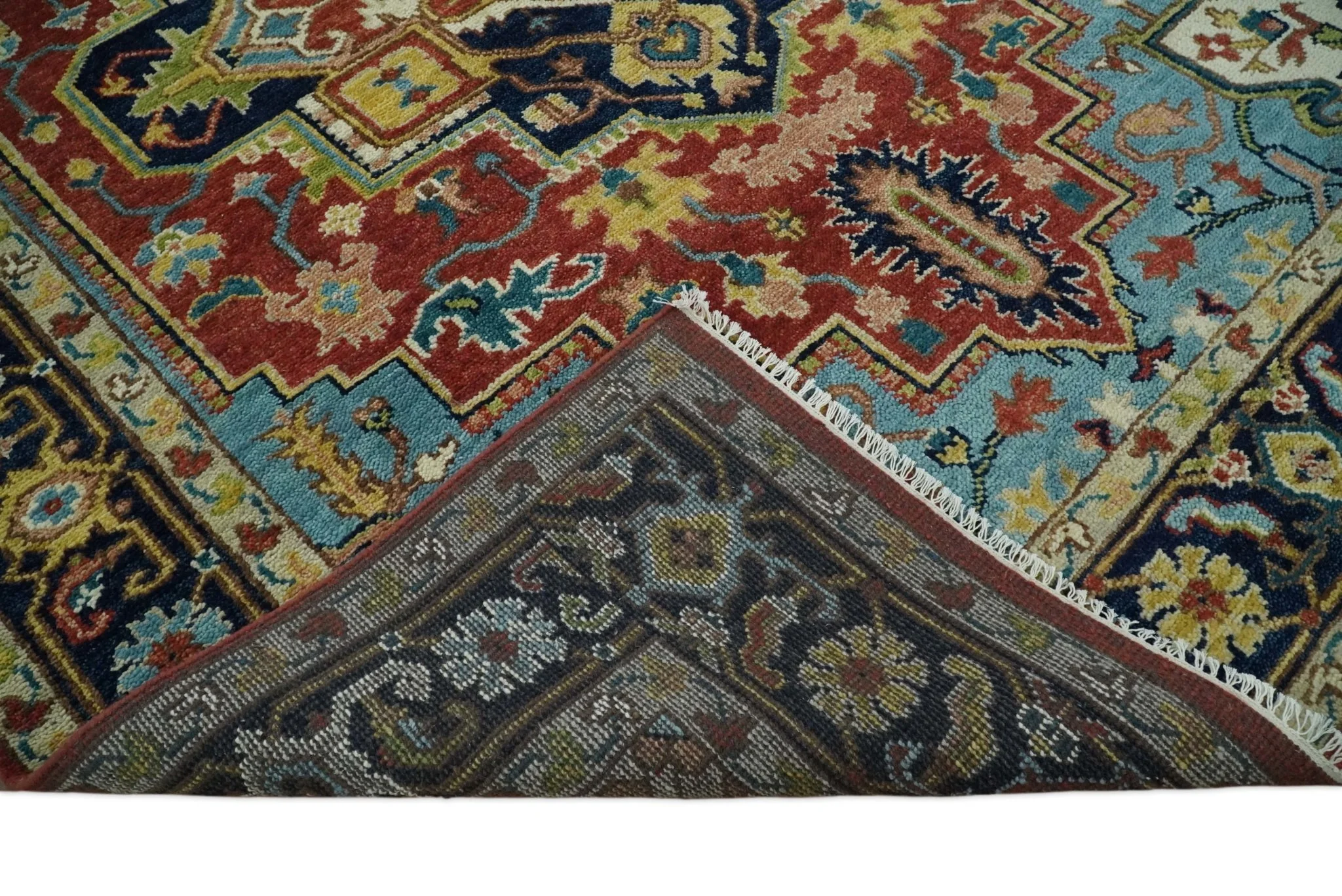 Rust, Blue and Beige Traditional Heriz Medallion Hand Knotted Multi Size Wool Area Rug - Image 7