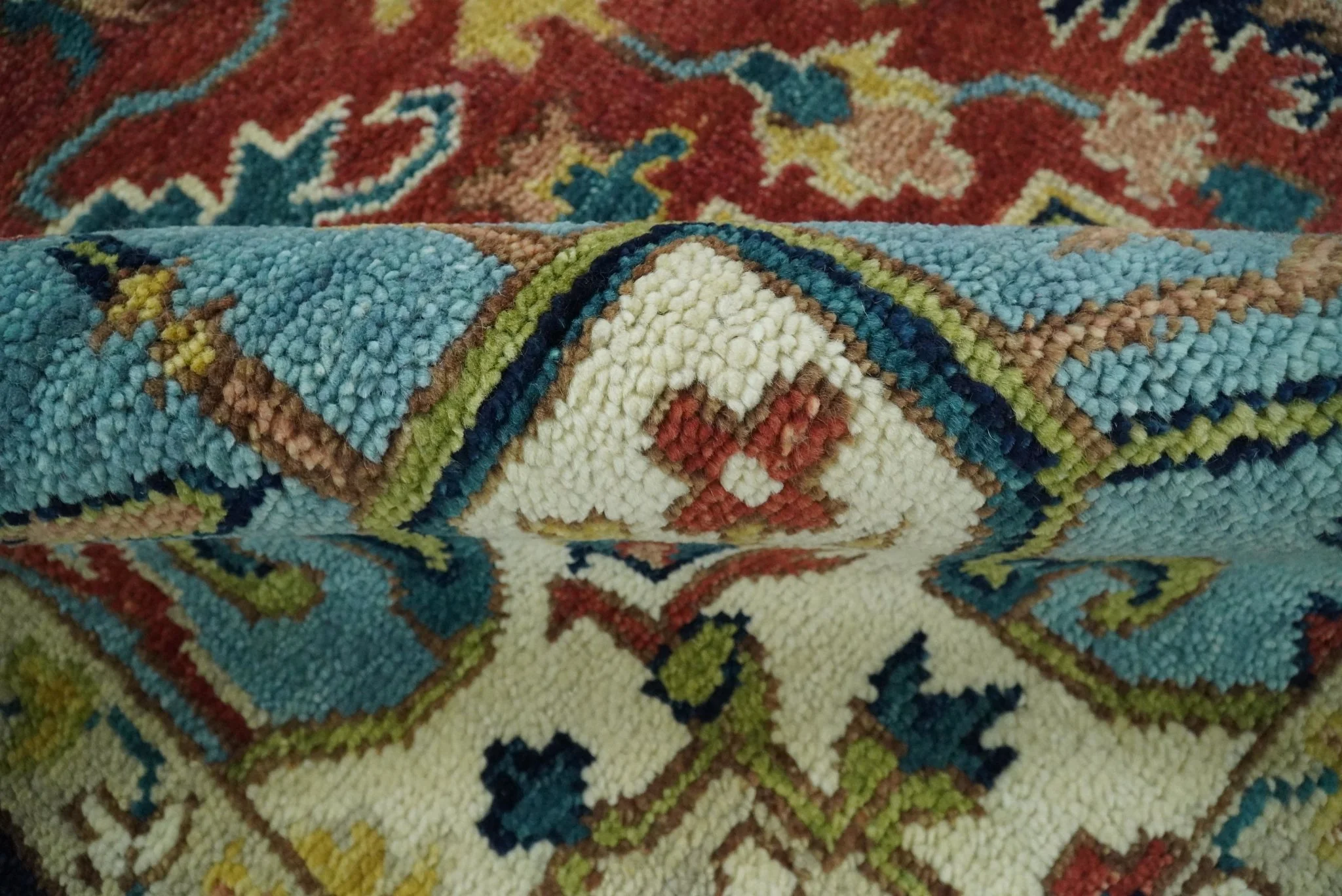 Rust, Blue and Beige Traditional Heriz Medallion Hand Knotted Multi Size Wool Area Rug - Image 8